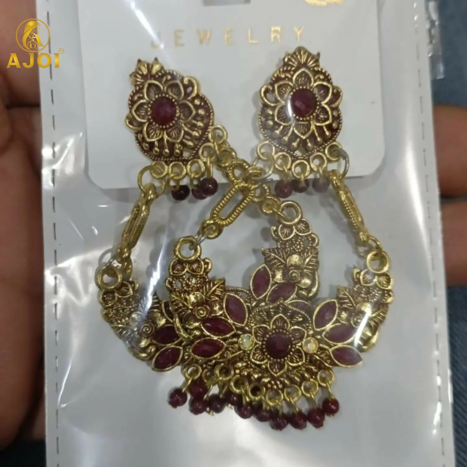 Vintage Maroon Floral Chandbali Earrings - Image 5