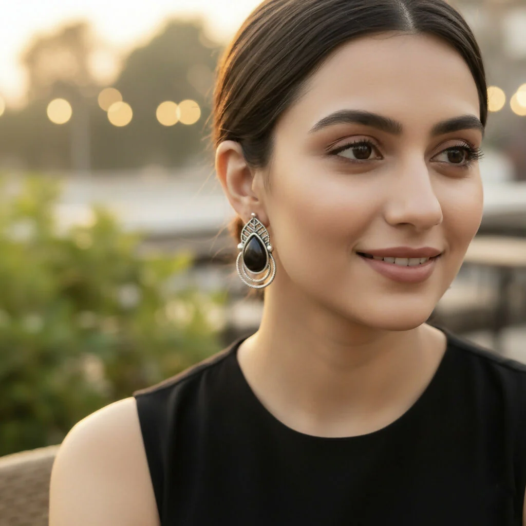 Vintage Oxidized Silver Black Teardrop Earrings with Intricate Leaf Detailing – Ethnic Boho Dangle Earrings for Women/girls - Image 3