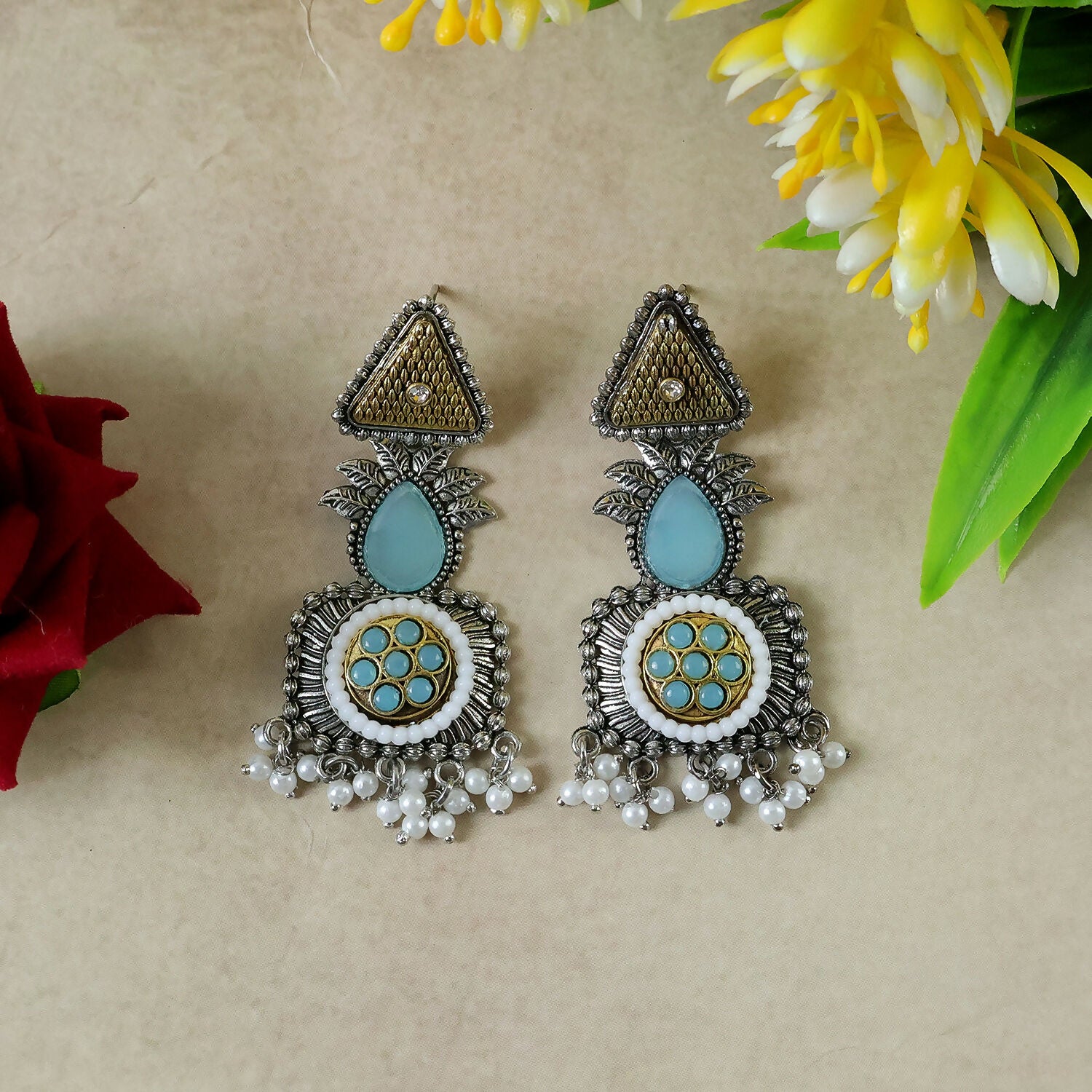 Vintage Oxidized Silver Dangle Earrings with Gold Tone & Pearl Tassel Drops - Image 2
