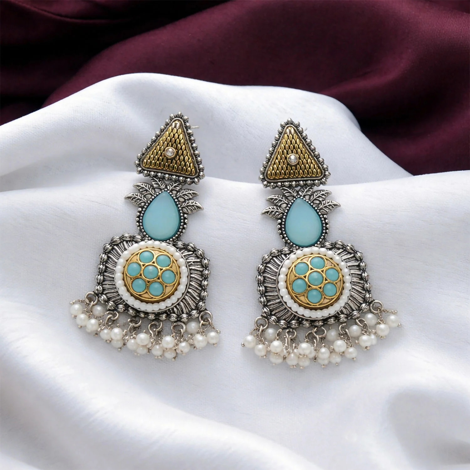 Vintage Oxidized Silver Dangle Earrings with Gold Tone & Pearl Tassel Drops - Image 3