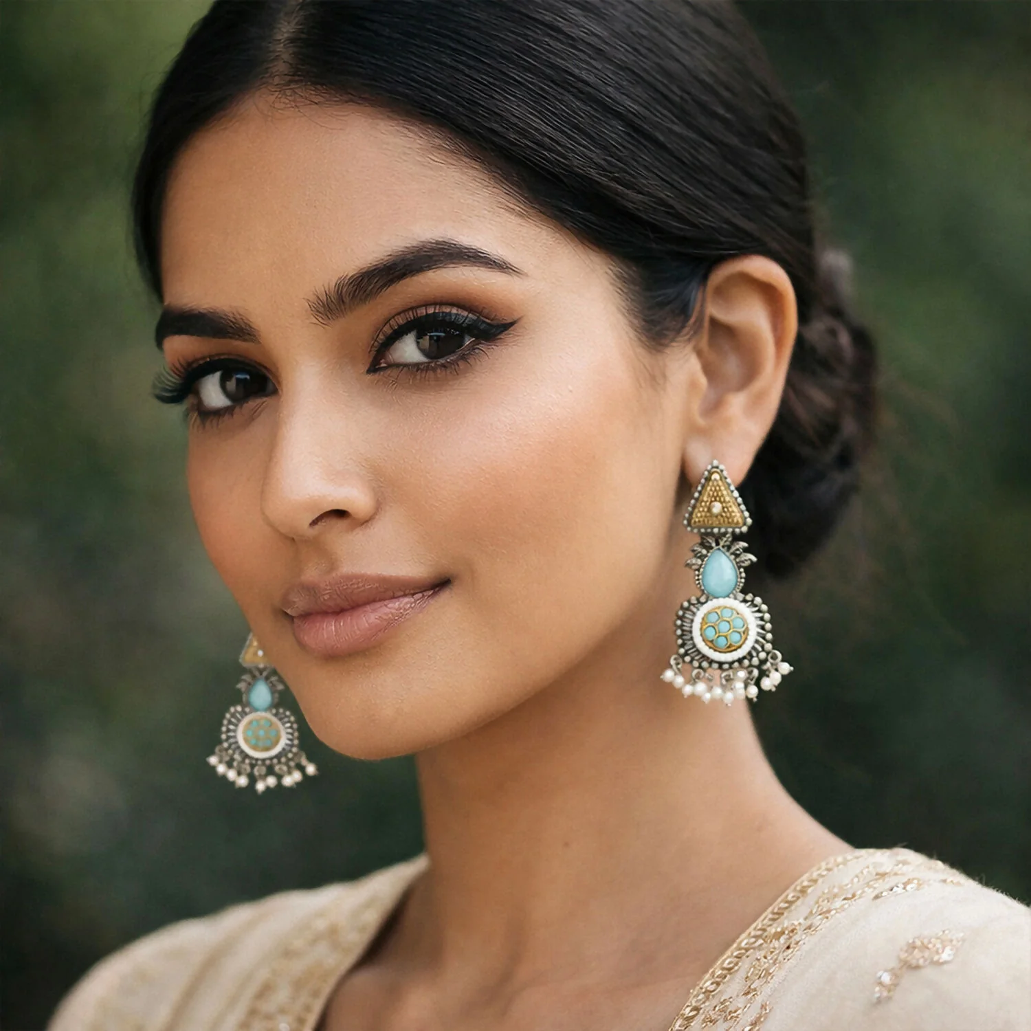 Vintage Oxidized Silver Dangle Earrings with Gold Tone & Pearl Tassel Drops - Image 4