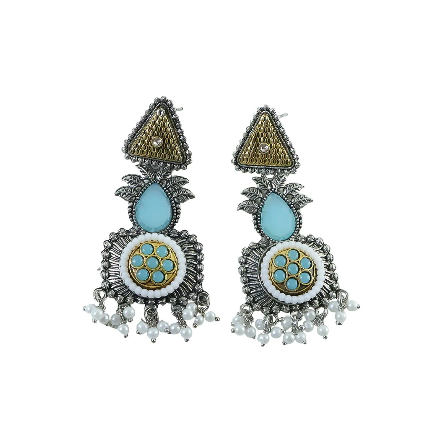 Vintage Oxidized Silver Dangle Earrings with Gold Tone & Pearl Tassel Drops - Image 5