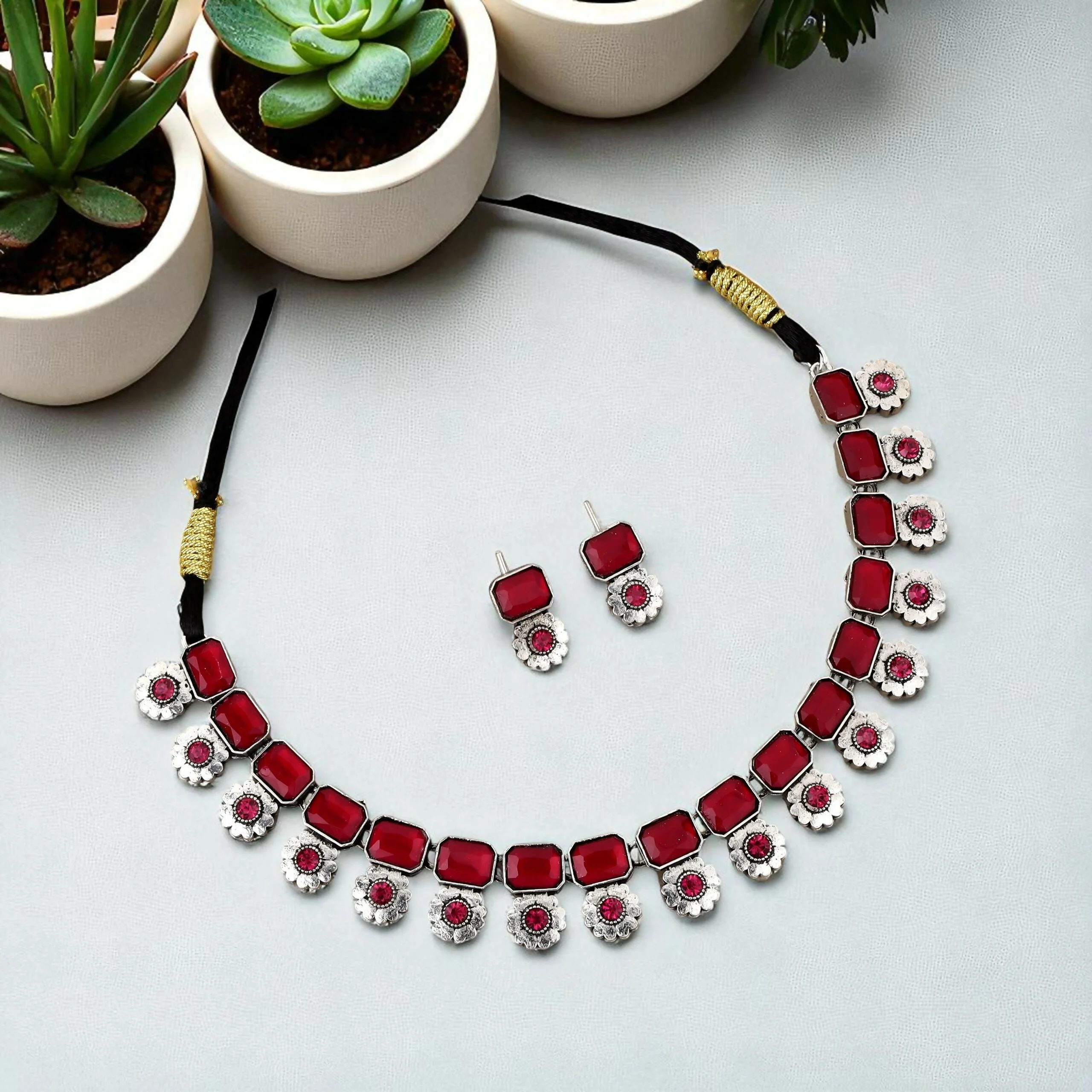 Vintage Silver-Toned Choker Set with Ruby Pink Stones - Image 3