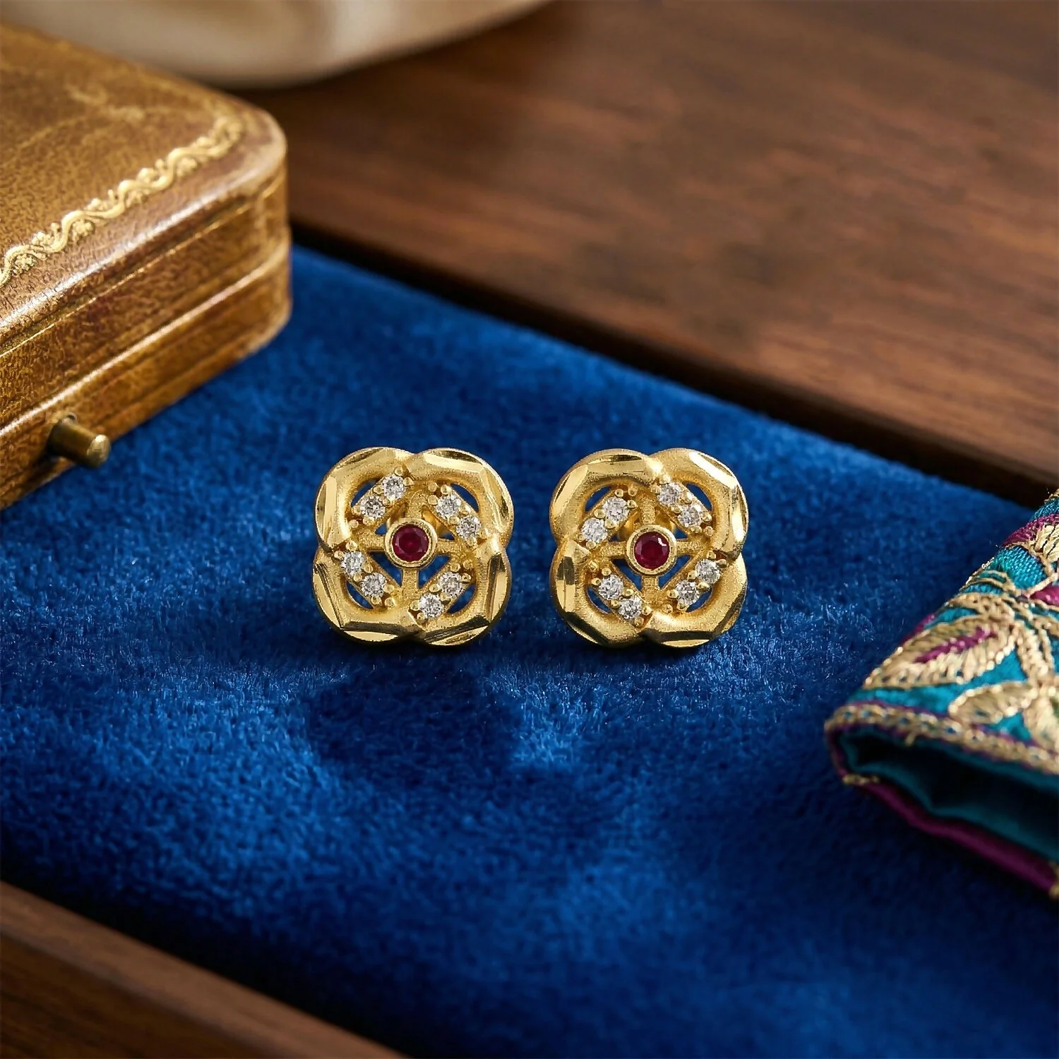 Vintage Style Floral Gold Stud Earrings with Detailed Pattern - Image 3