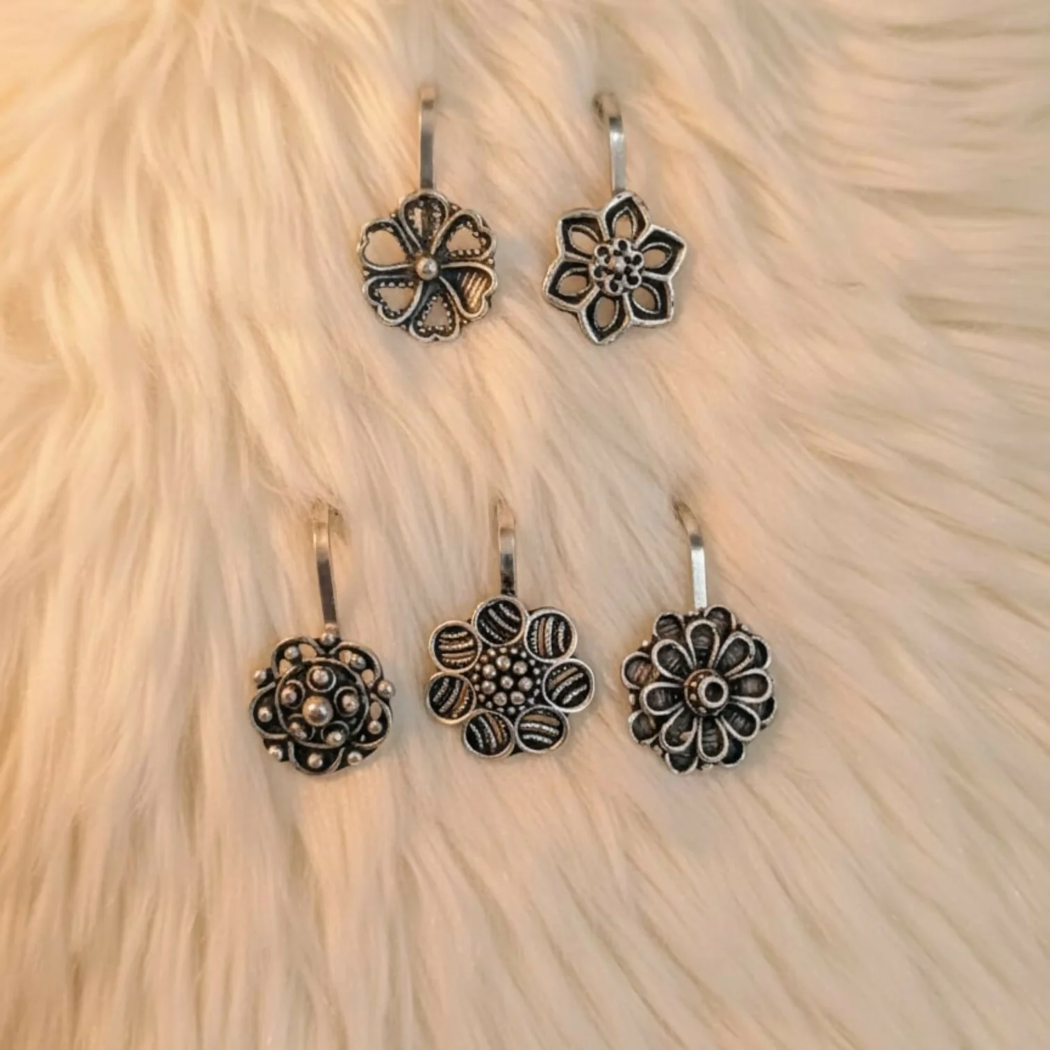 Vintage Style Oxidized Flower Nose Pins for Women & Girls – Set of 5 - Image 3
