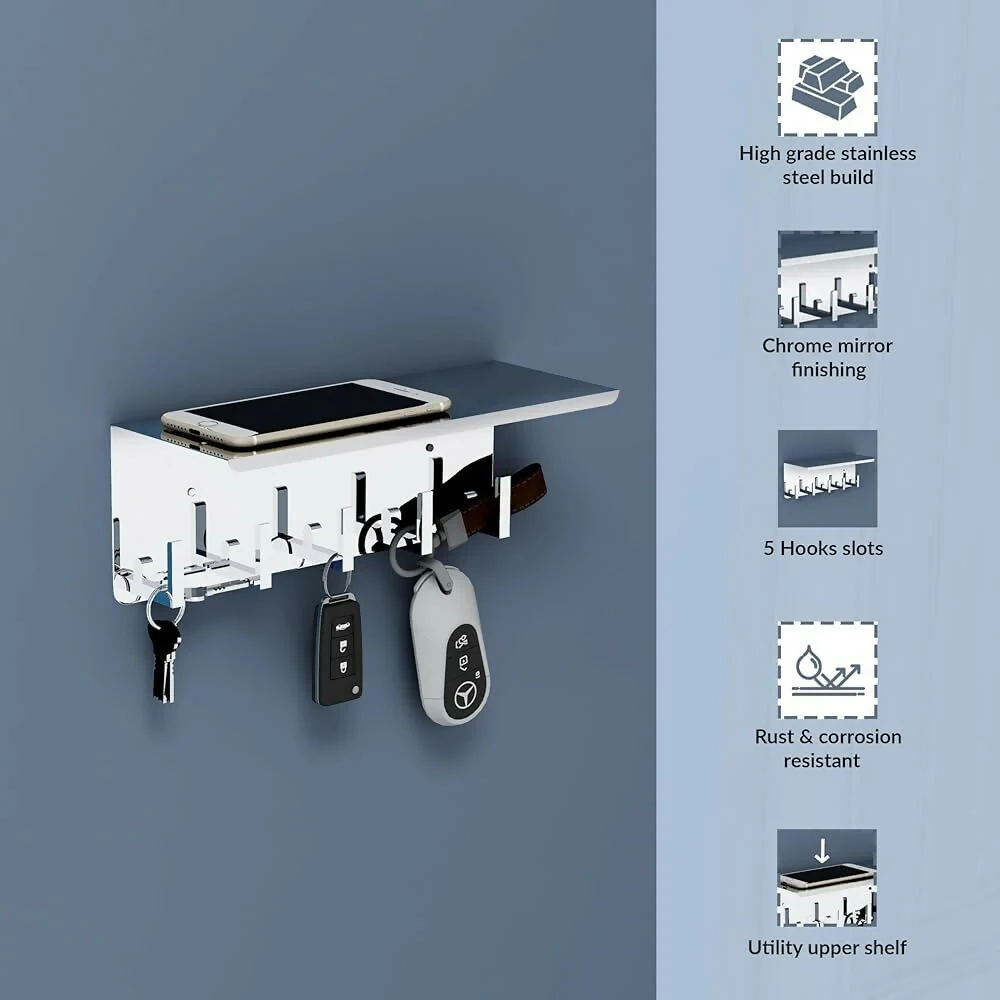 Wall Mount Stainless Steel Key Stand with Phone Holder and Decorative Plant Pot - Image 2