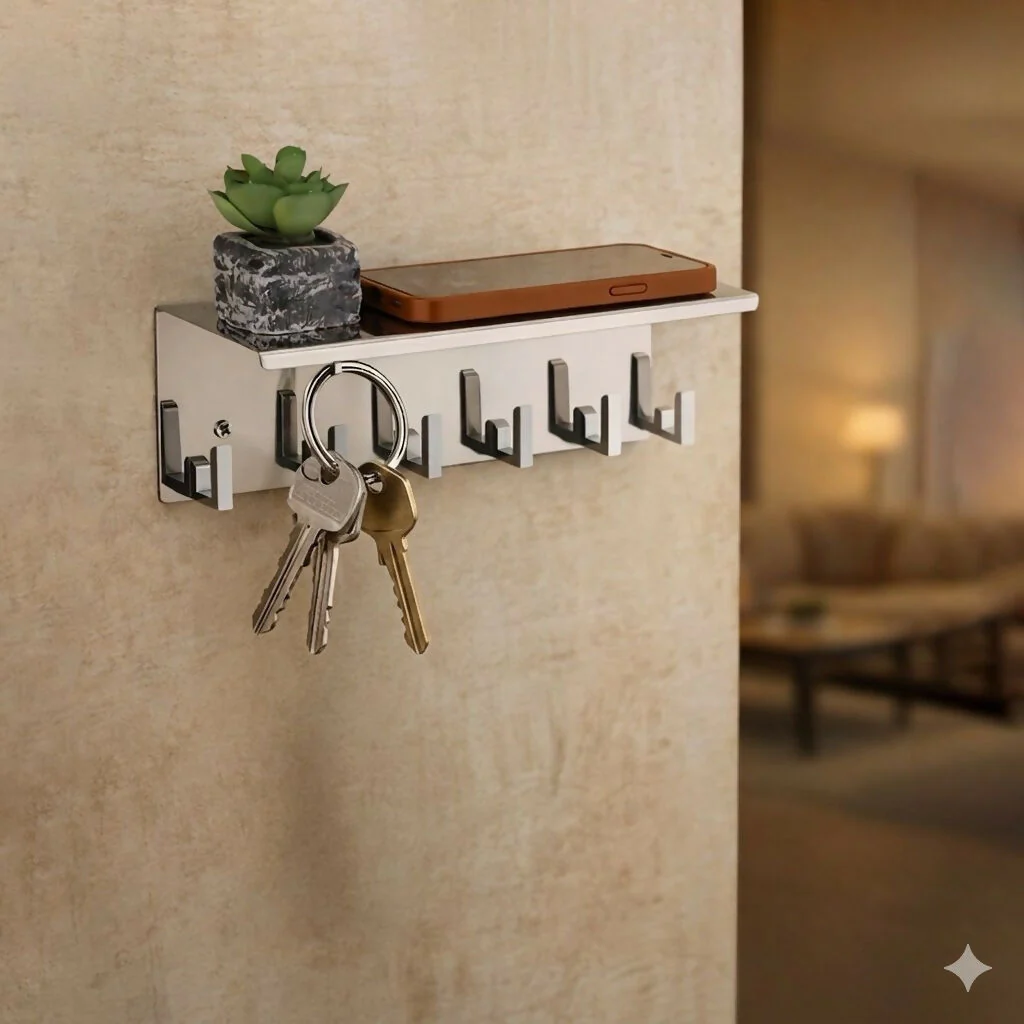 Wall Mount Stainless Steel Key Stand with Phone Holder and Decorative Plant Pot - Image 3
