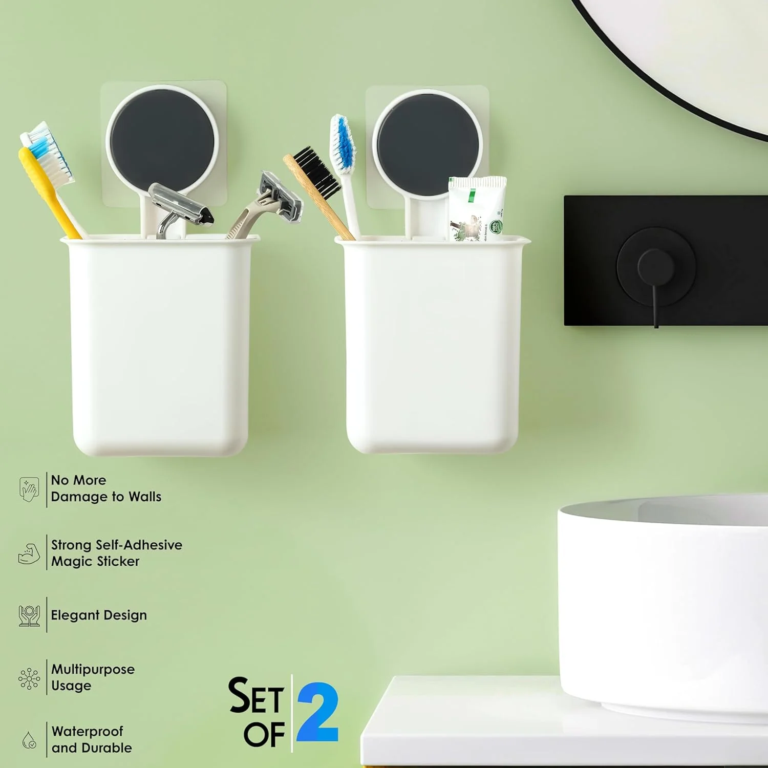 Wall Mounted Bathroom Storage Organizer Cup Set (2 Pc Set) - Image 6