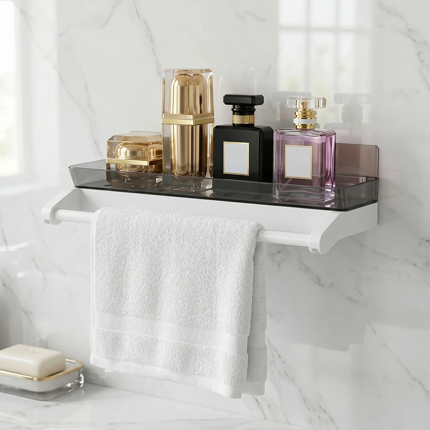 Wall-Mounted Bathroom Storage Shelf with Integrated Towel Holder Rack - Image 3