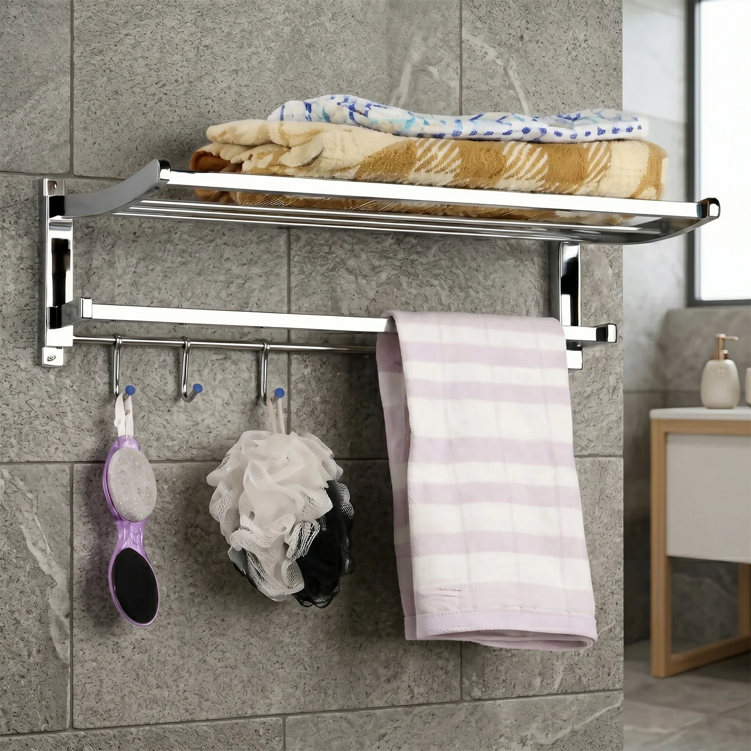 Wall Mounted Bathroom Towel Rack with Shelf and Hooks – Space Saving Organizer - Image 2