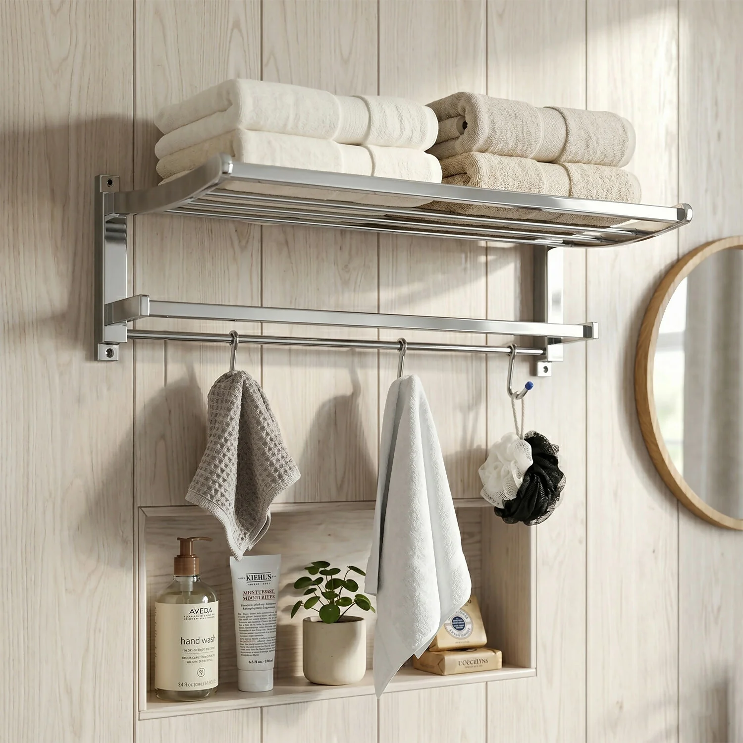 Wall Mounted Bathroom Towel Rack with Shelf and Hooks – Space Saving Organizer - Image 3