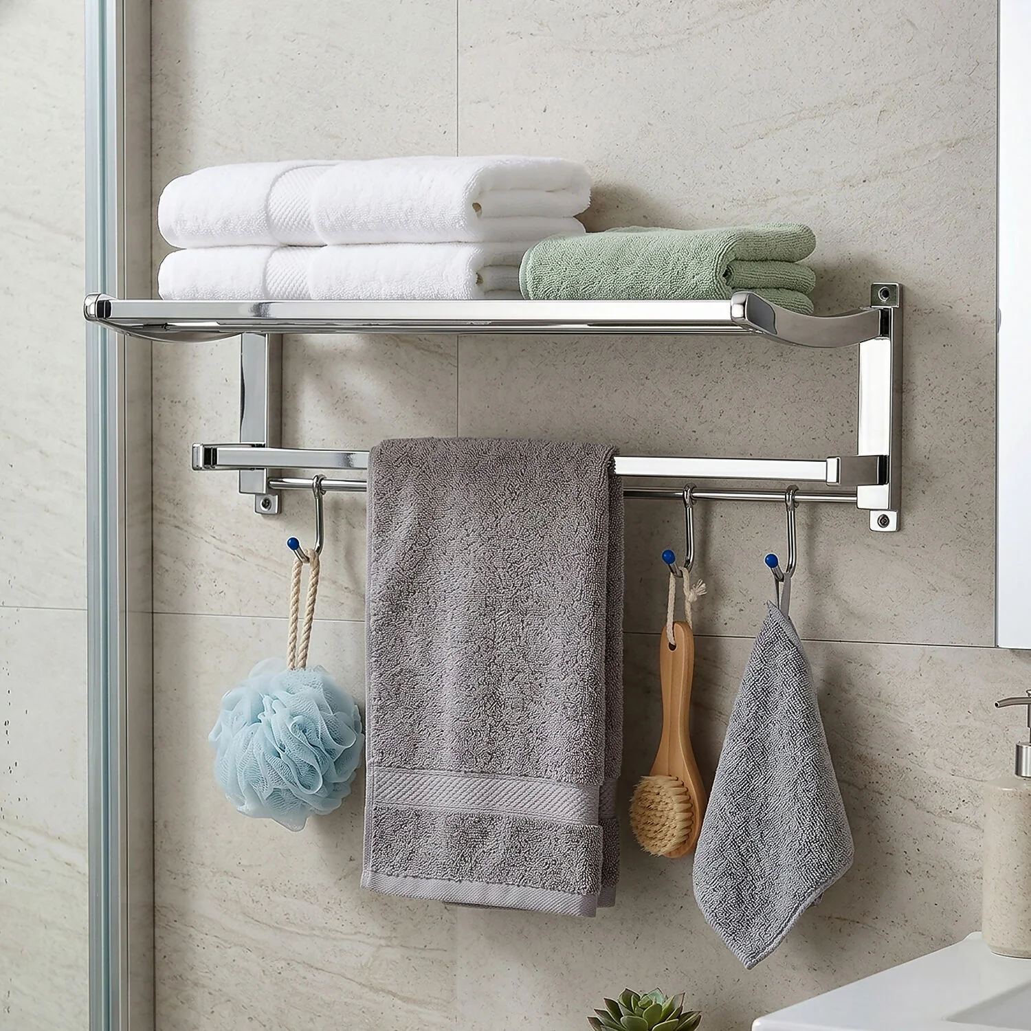 Wall Mounted Bathroom Towel Rack with Shelf and Hooks – Space Saving Organizer - Image 4