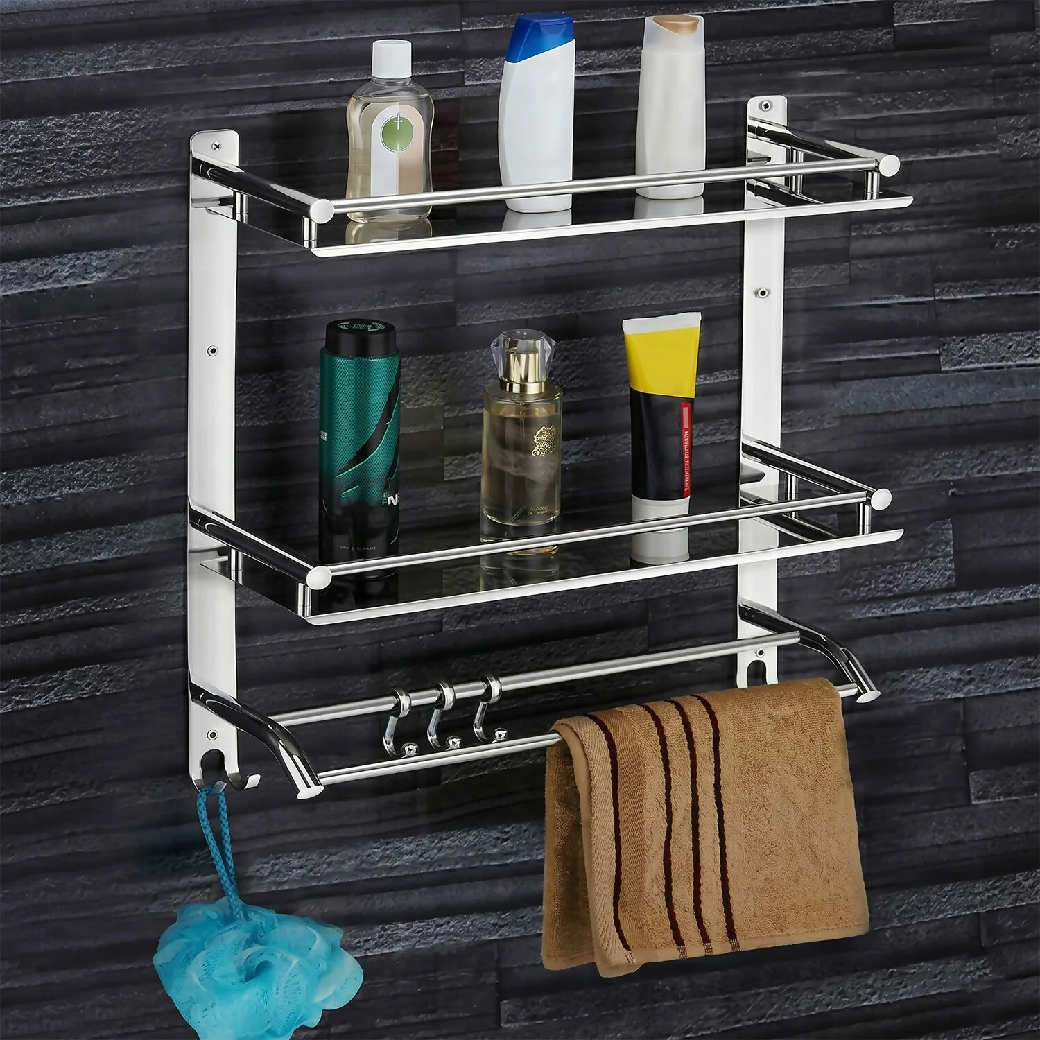 Wall Mounted Double Layer Bathroom Shelf with Towel Rod & Hooks Storage Rack Organizer - Image 2