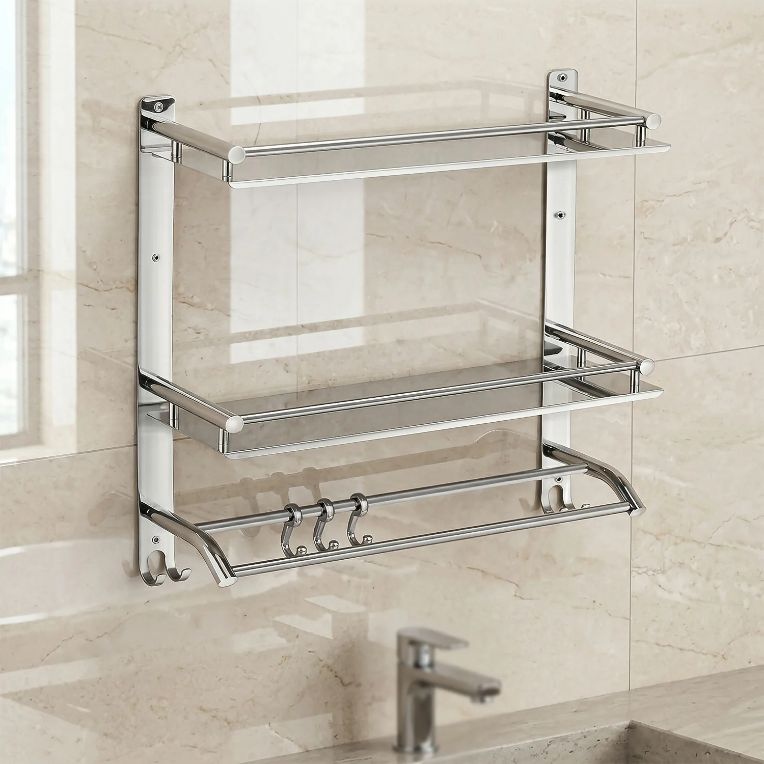 Wall Mounted Double Layer Bathroom Shelf with Towel Rod & Hooks Storage Rack Organizer - Image 3