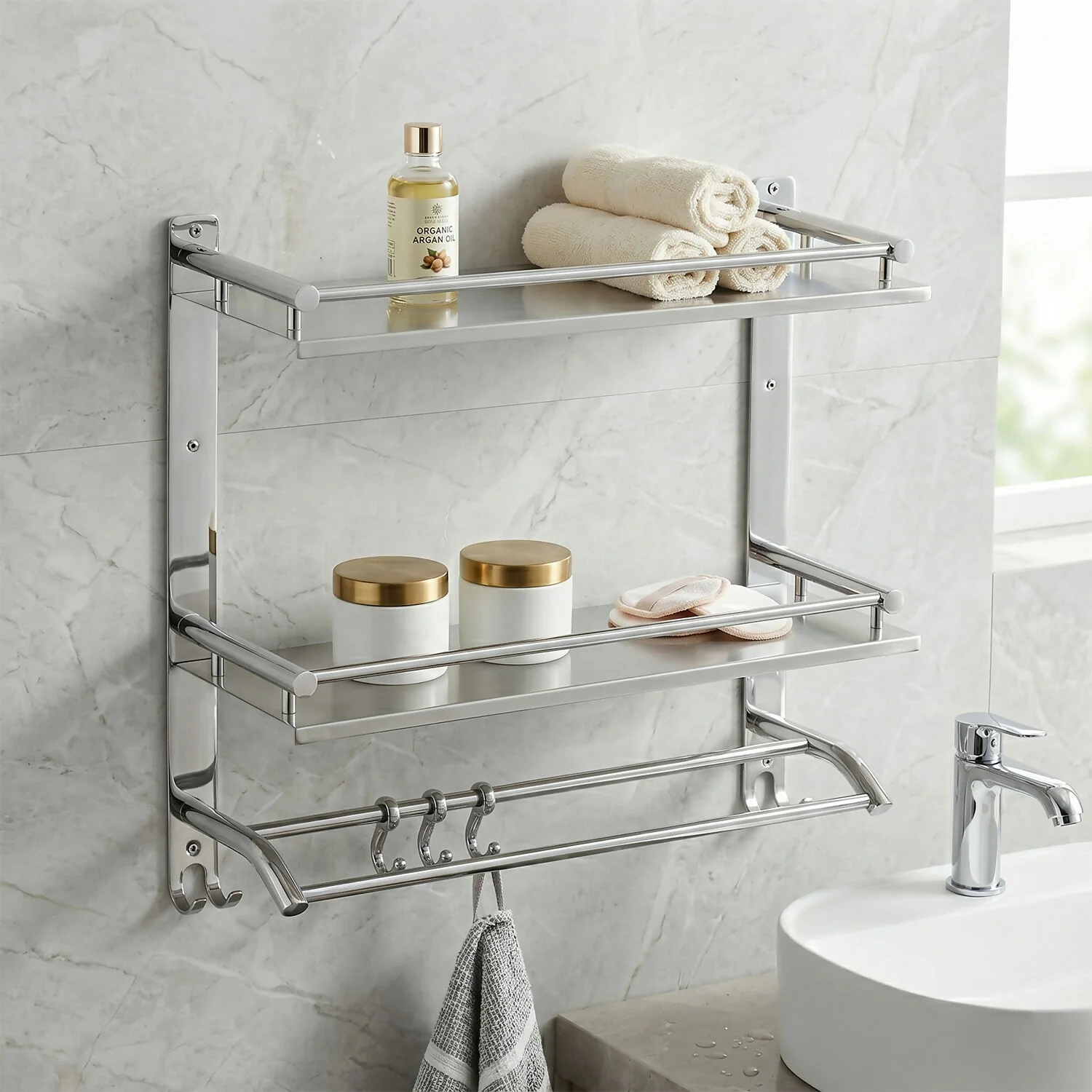 Wall Mounted Double Layer Bathroom Shelf with Towel Rod & Hooks Storage Rack Organizer - Image 4