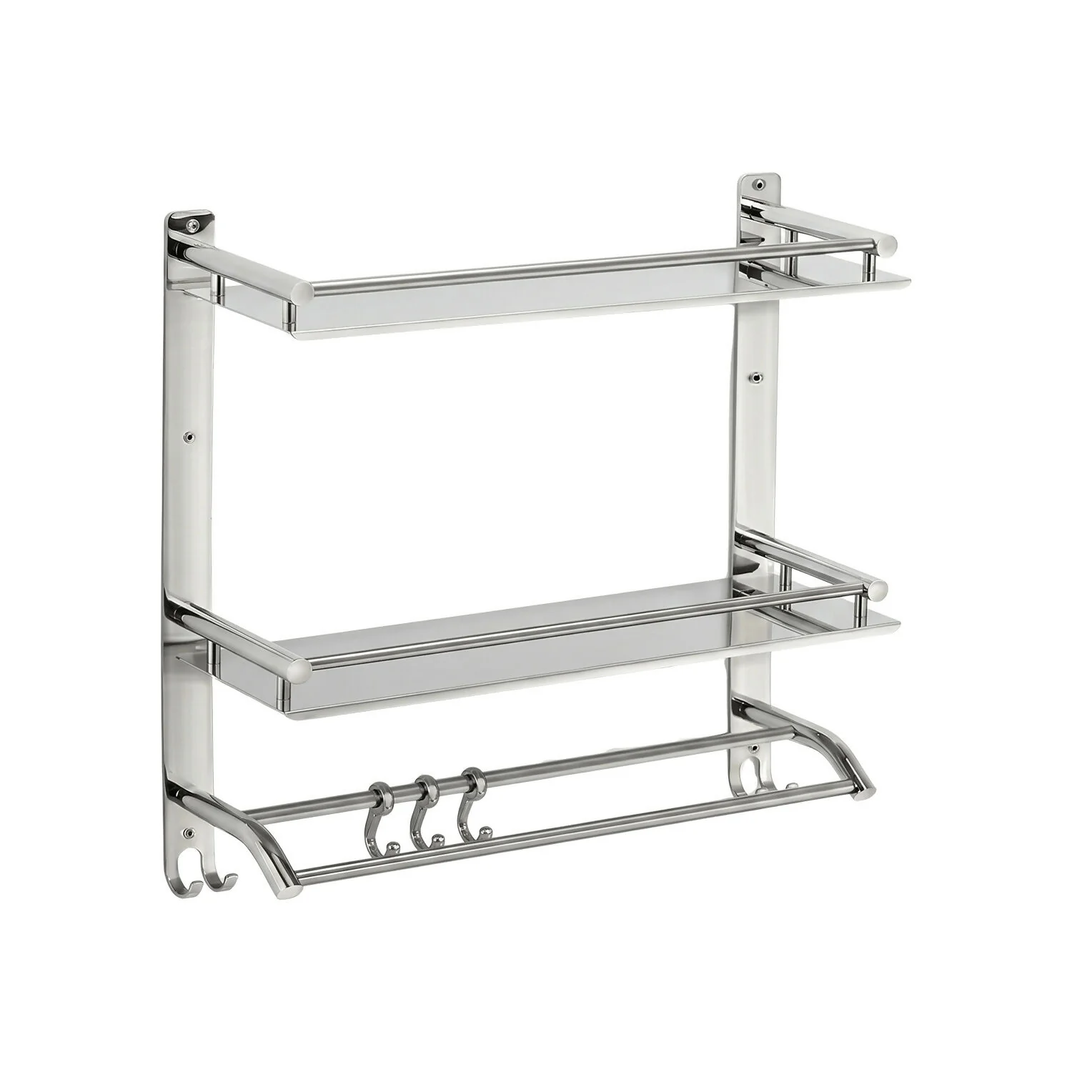 Wall Mounted Double Layer Bathroom Shelf with Towel Rod & Hooks Storage Rack Organizer - Image 5