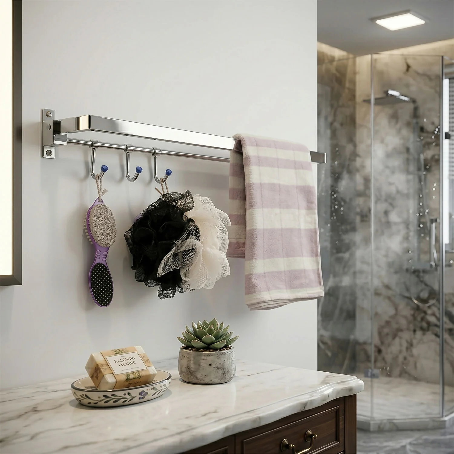 Wall Mounted Foldable Towel Rod with Hooks Space Saving Bathroom Organizer - Image 2