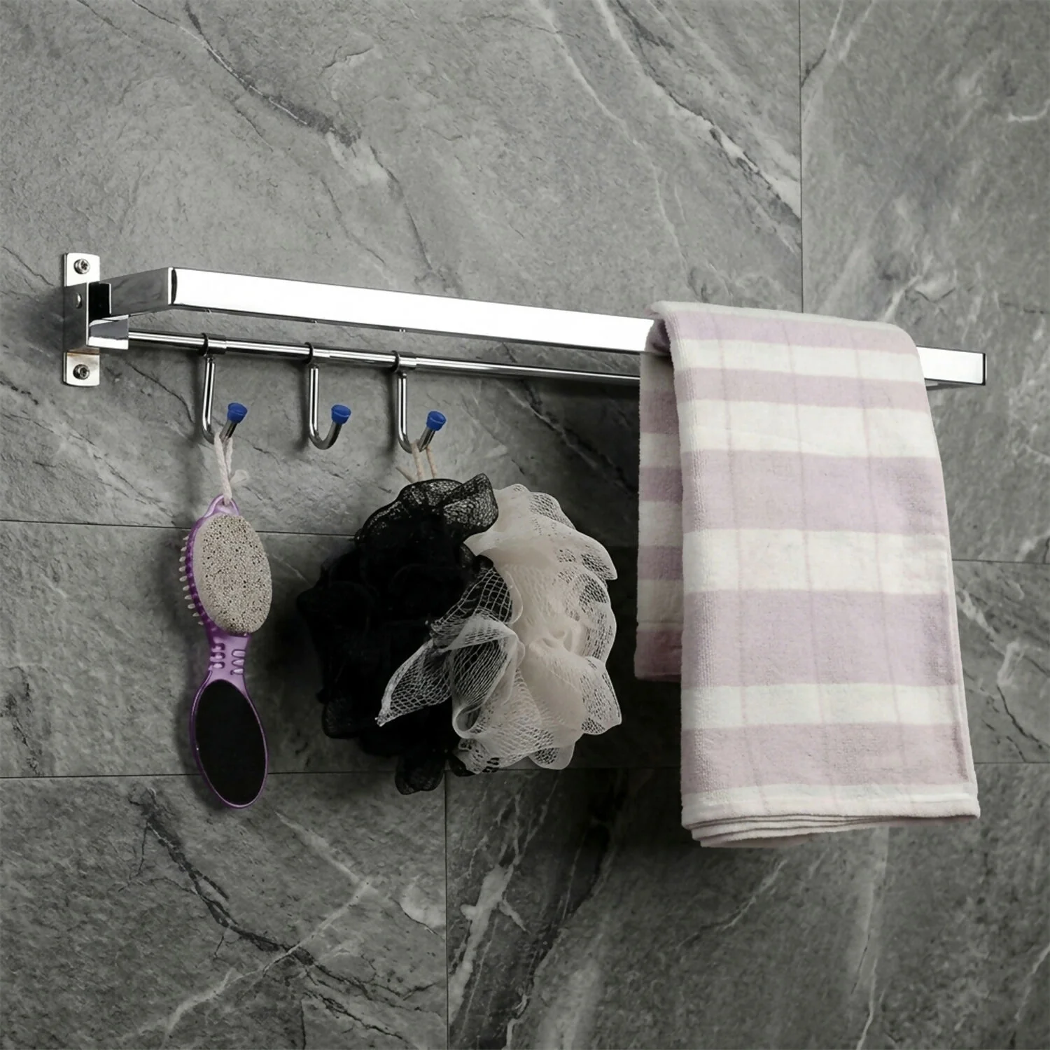 Wall Mounted Foldable Towel Rod with Hooks Space Saving Bathroom Organizer - Image 3