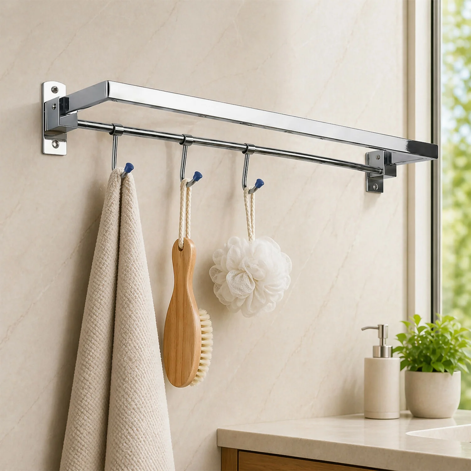 Wall Mounted Foldable Towel Rod with Hooks Space Saving Bathroom Organizer - Image 4