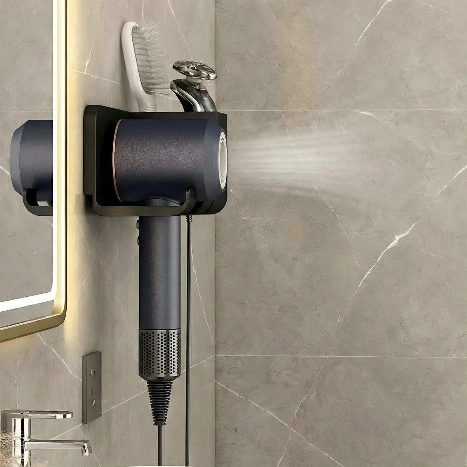 Wall Mounted Hair Dryer Holder with Multipurpose Organizer Shelf and Hook - Image 3