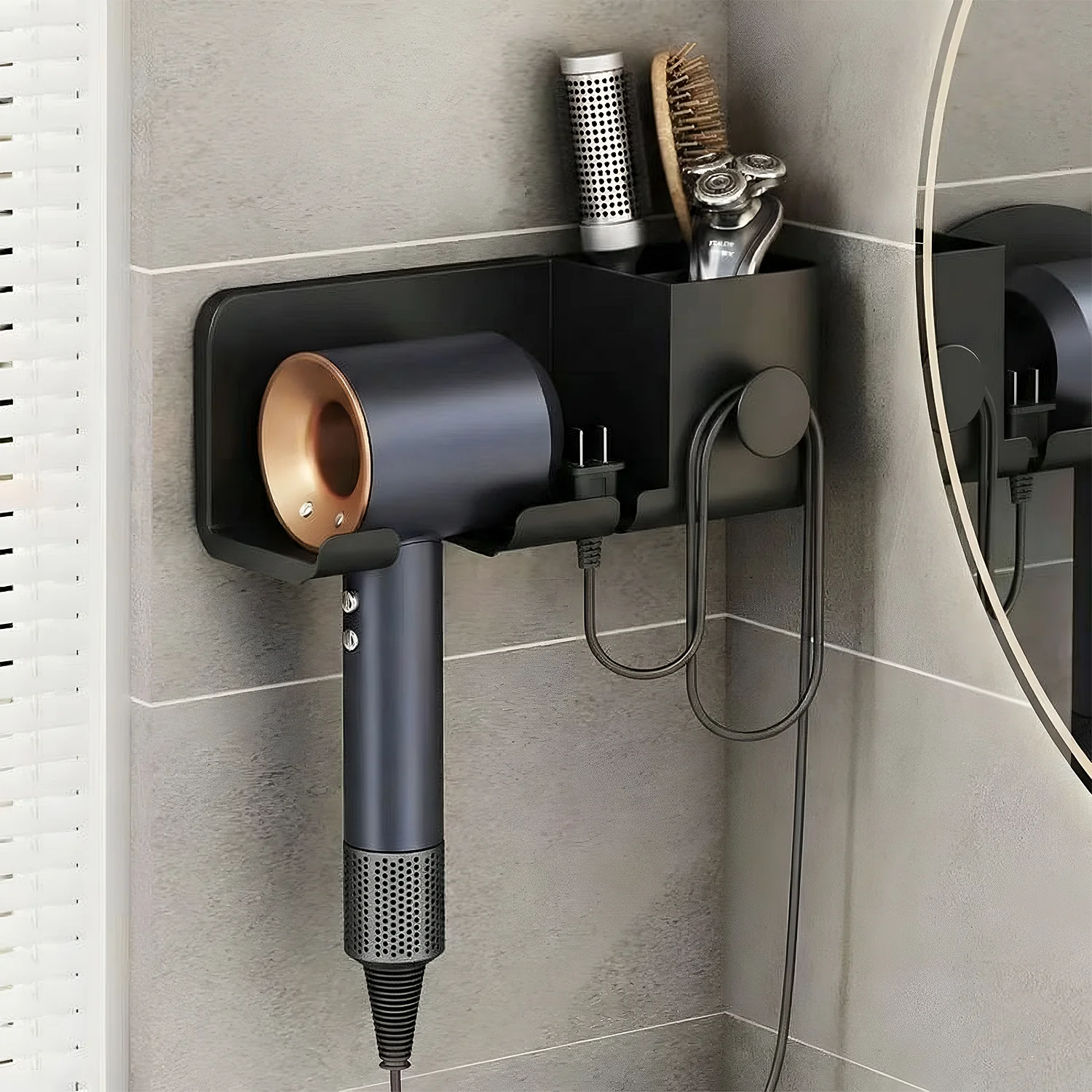Wall Mounted Hair Dryer Holder with Multipurpose Organizer Shelf and Hook - Image 4