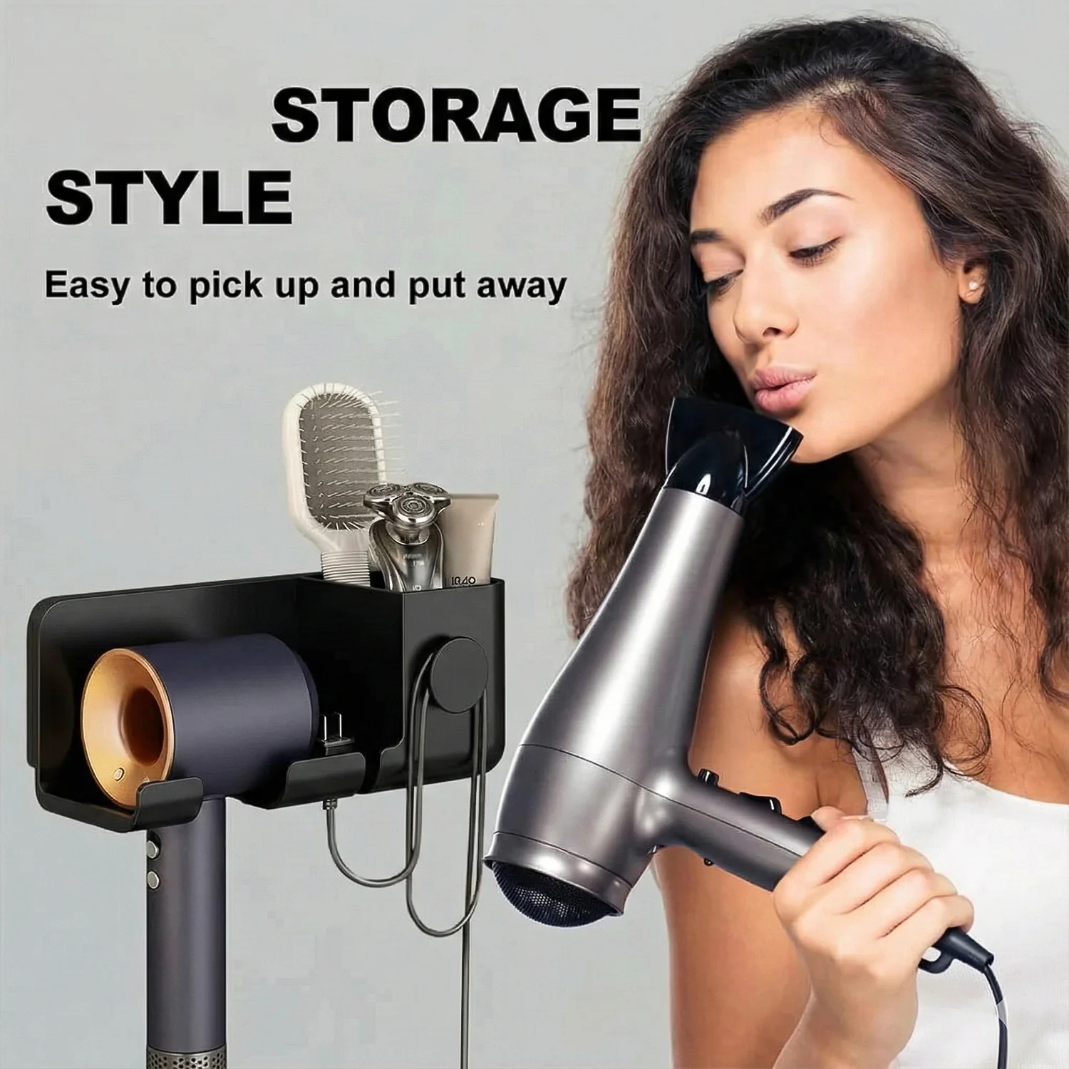 Wall Mounted Hair Dryer Holder with Multipurpose Organizer Shelf and Hook - Image 7