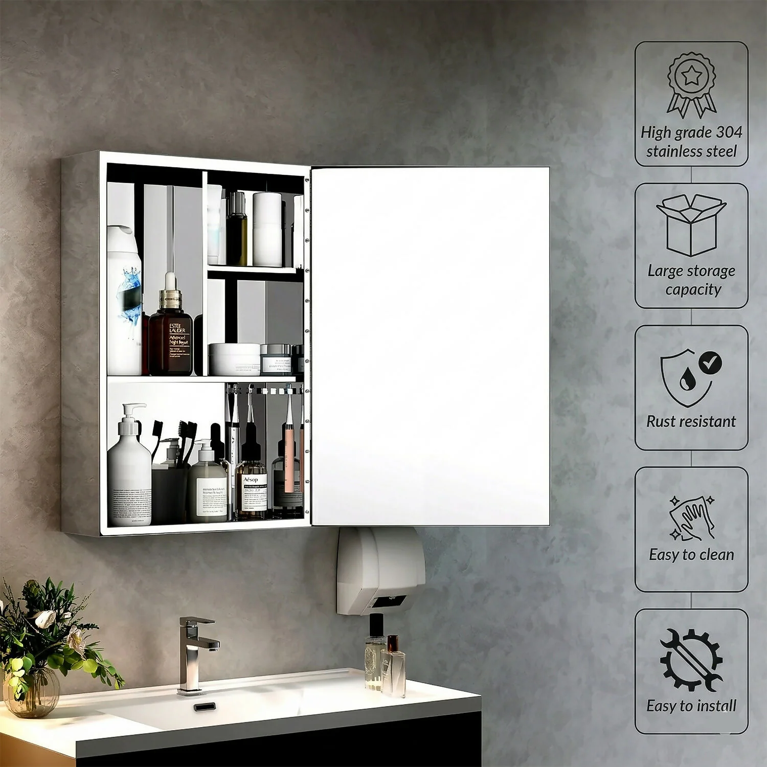 Wall Mounted Mirror Cabinet with Storage, HD Mirror Door Bathroom Organizer with Multi Shelf Storage & Modern Design - Image 2