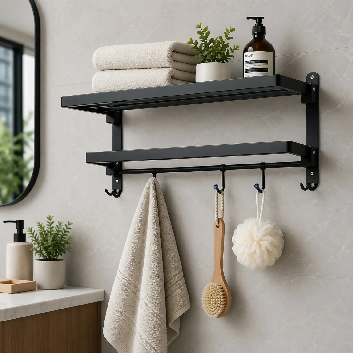 Wall Mounted Stainless Steel Bathroom Towel Rack with Shelf & Hanging Rod - Image 2
