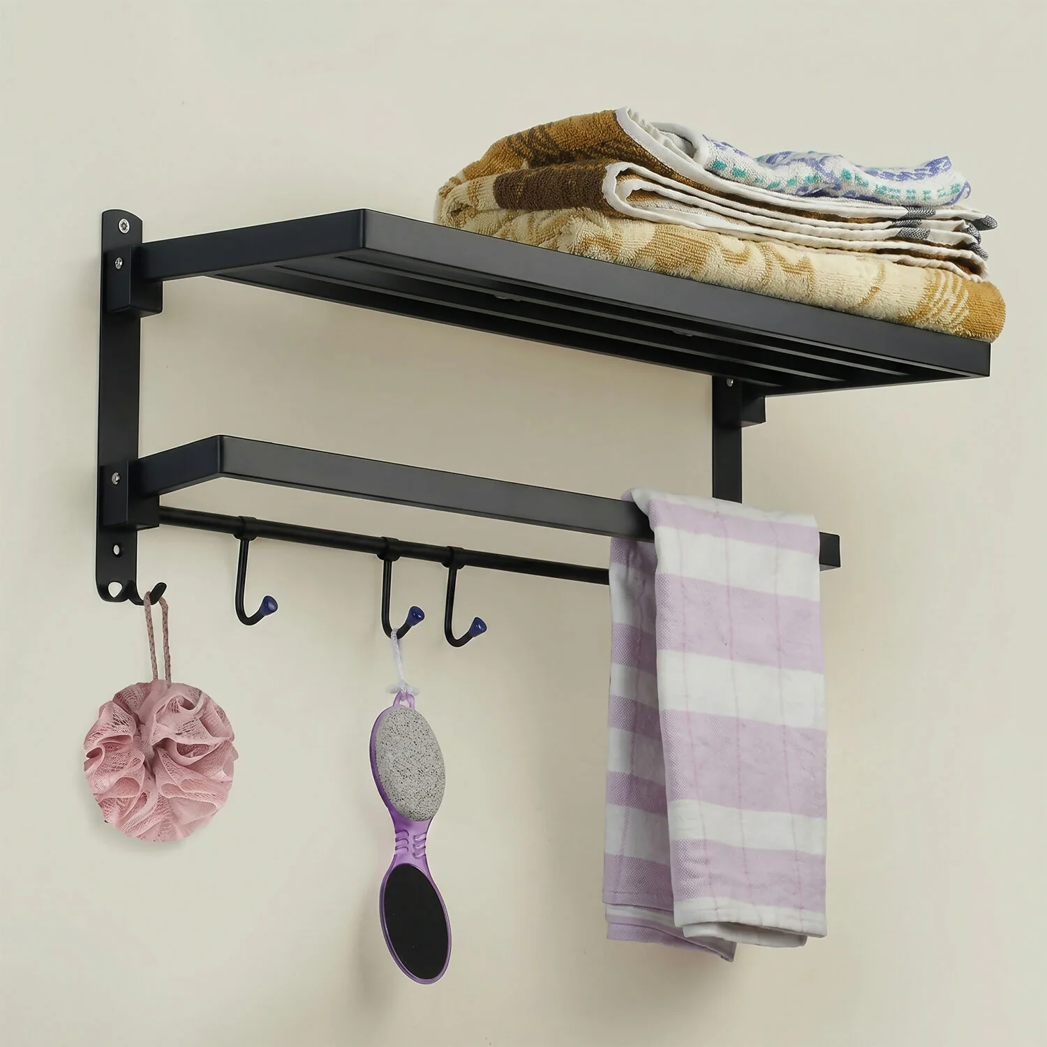 Wall Mounted Stainless Steel Bathroom Towel Rack with Shelf & Hanging Rod - Image 3
