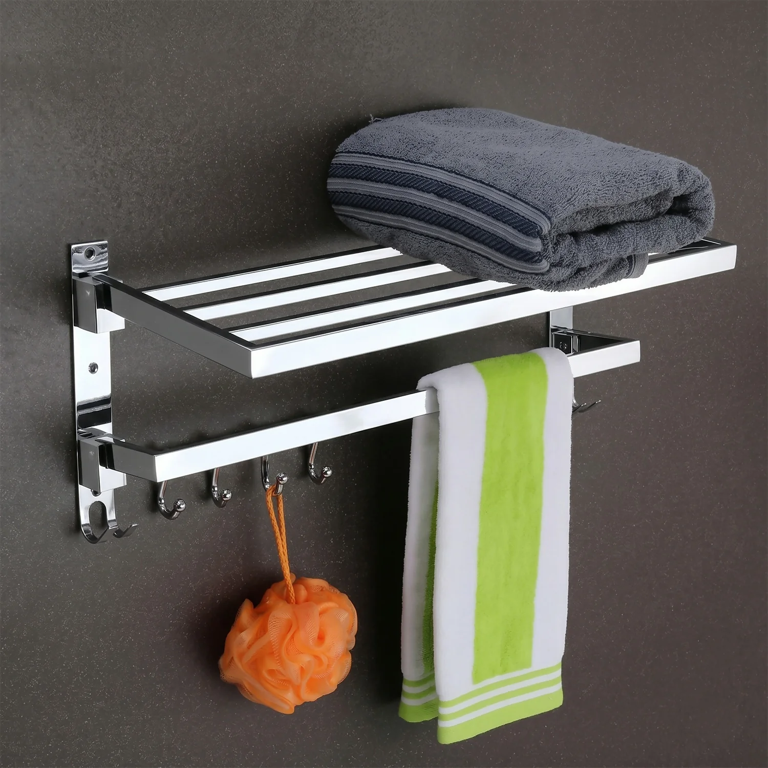 Wall Mounted Stainless Steel Bathroom Towel Rack with Shelf & Hanging Rod - Image 4
