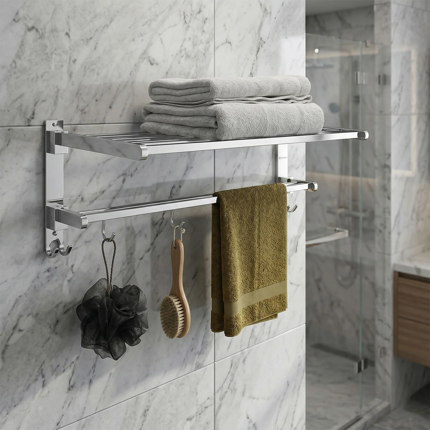 Wall Mounted Stainless Steel Bathroom Towel Rack with Shelf & Hanging Rod - Image 5