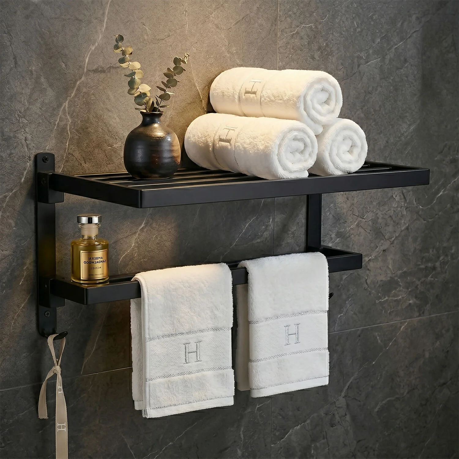 Wall Mounted Stainless Steel Bathroom Towel Rack with Shelf & Hanging Rod - Image 6