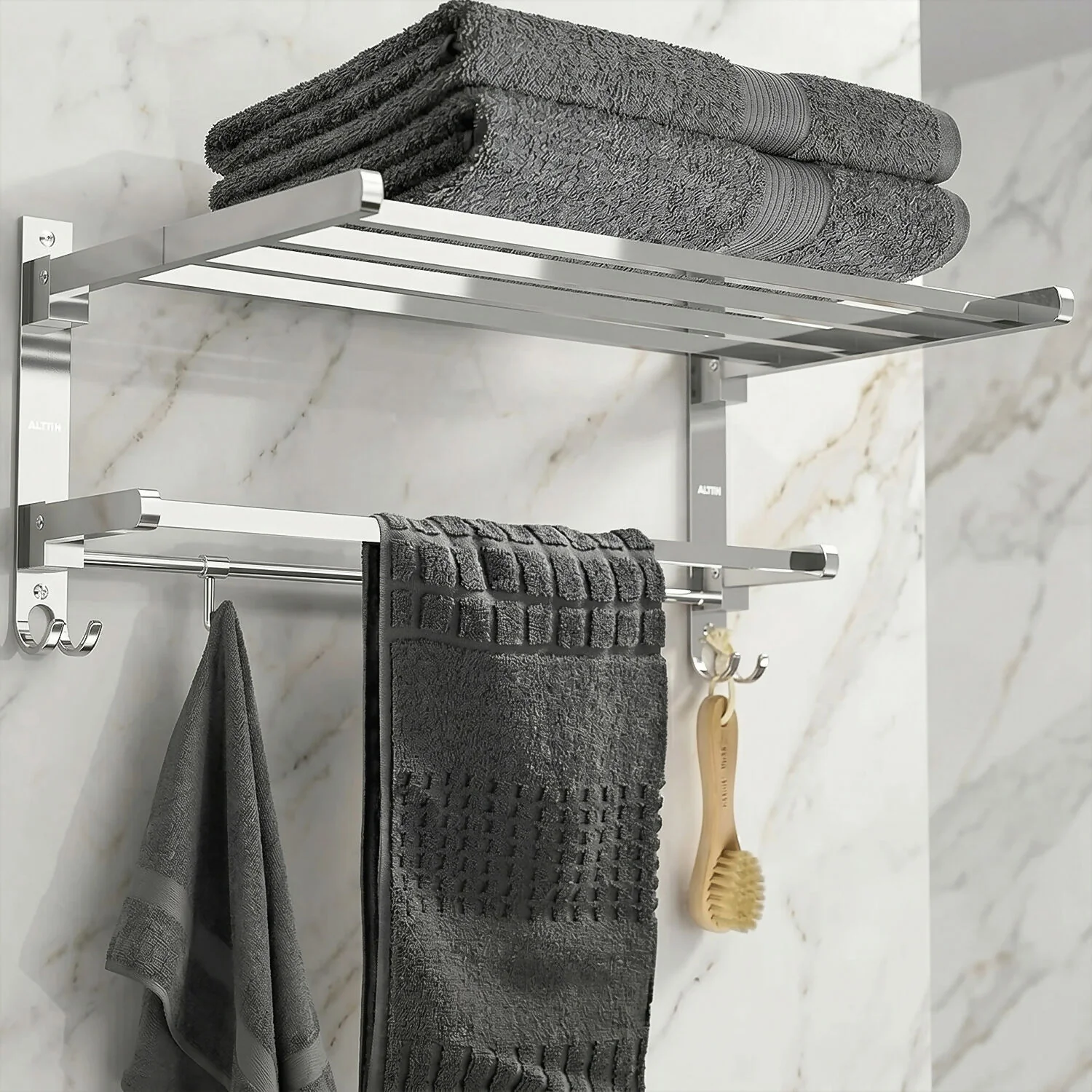 Wall Mounted Stainless Steel Bathroom Towel Rack with Shelf & Hanging Rod - Image 7