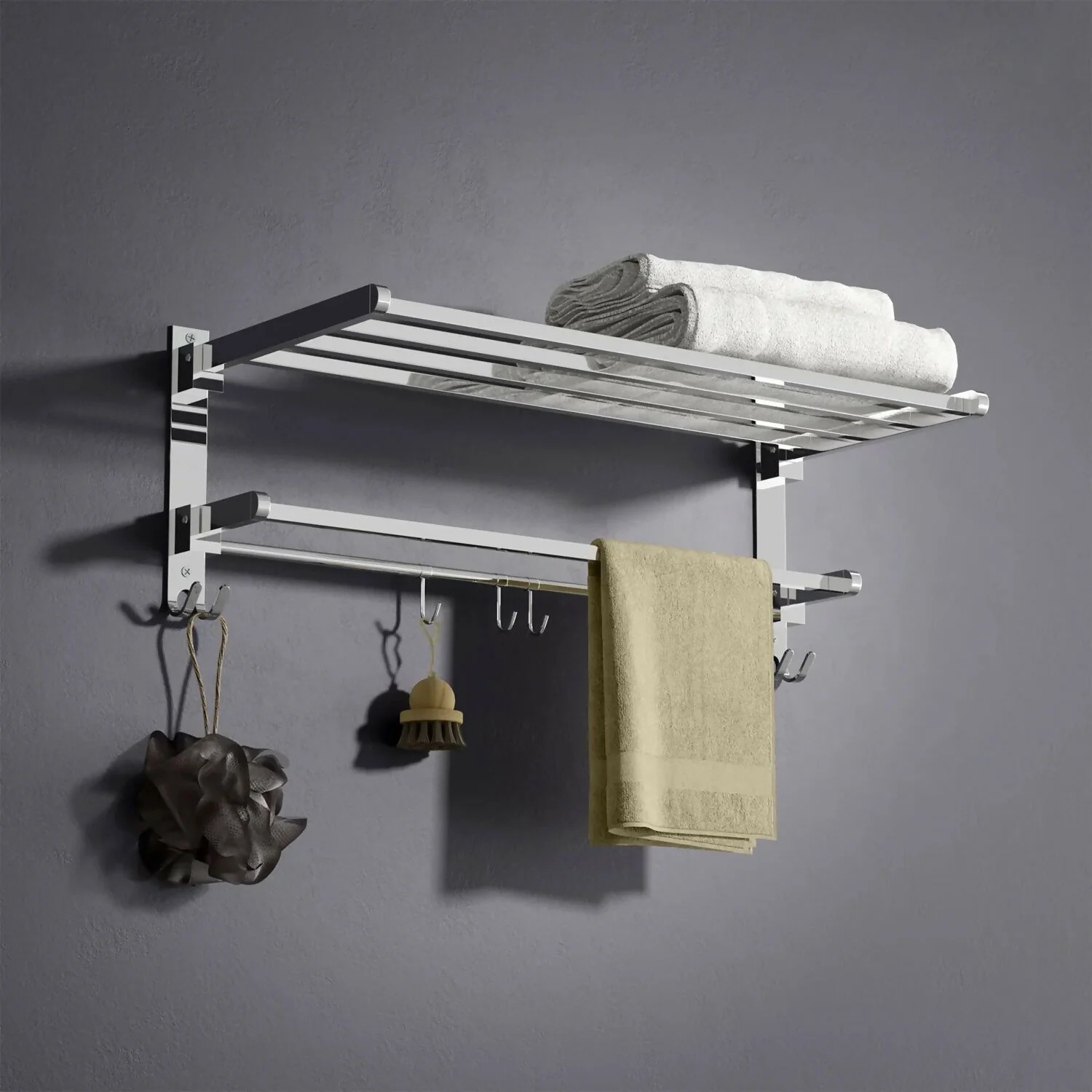 Wall Mounted Stainless Steel Bathroom Towel Rack with Shelf & Hanging Rod - Image 8