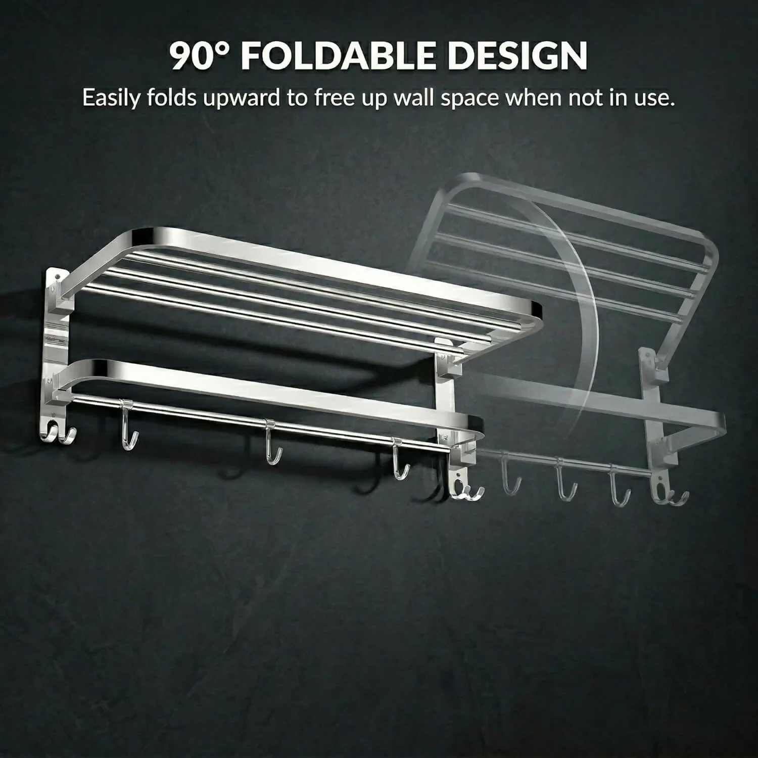 Wall Mounted Stainless Steel Bathroom Towel Rack with Shelf & Multi Hooks - Image 2