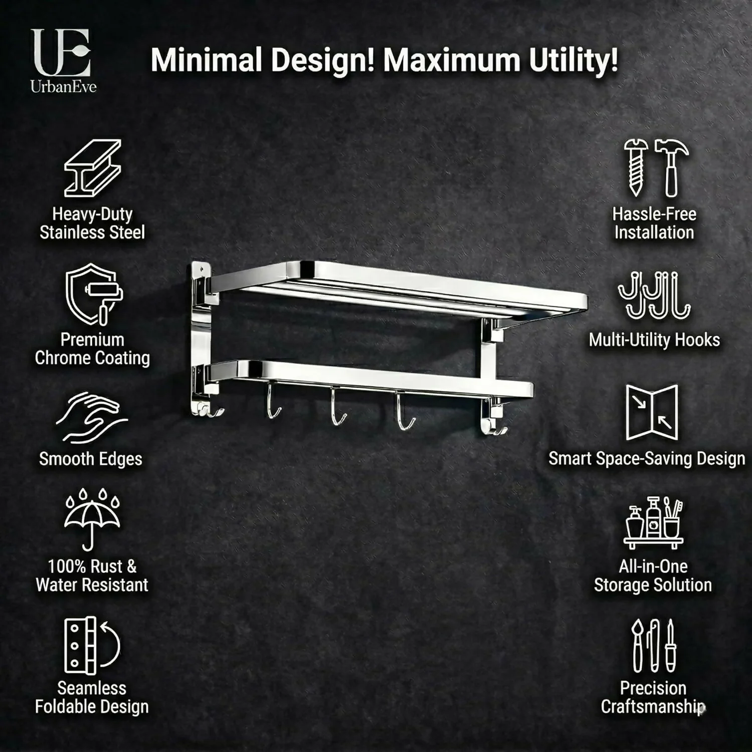 Wall Mounted Stainless Steel Bathroom Towel Rack with Shelf & Multi Hooks - Image 3