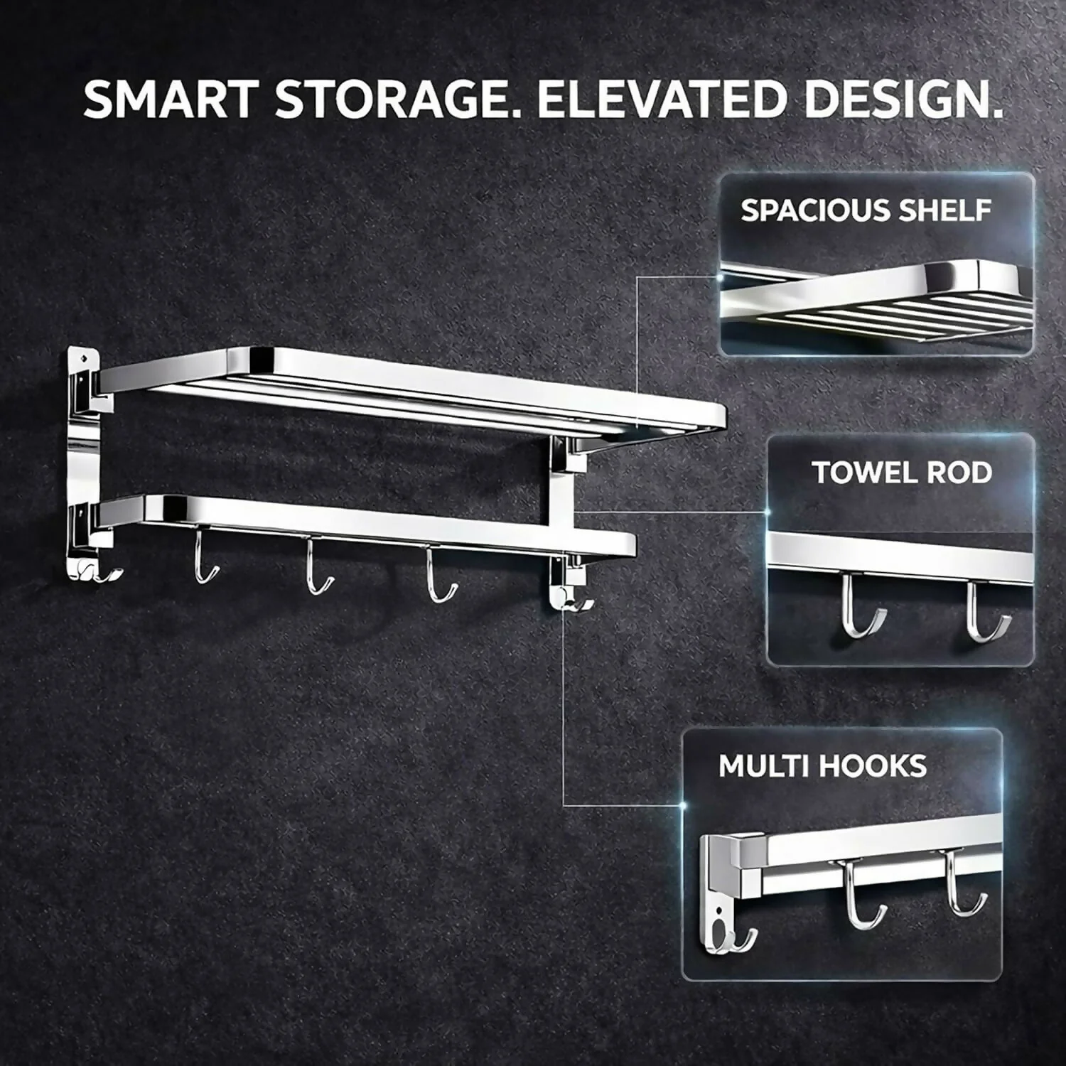 Wall Mounted Stainless Steel Bathroom Towel Rack with Shelf & Multi Hooks - Image 4