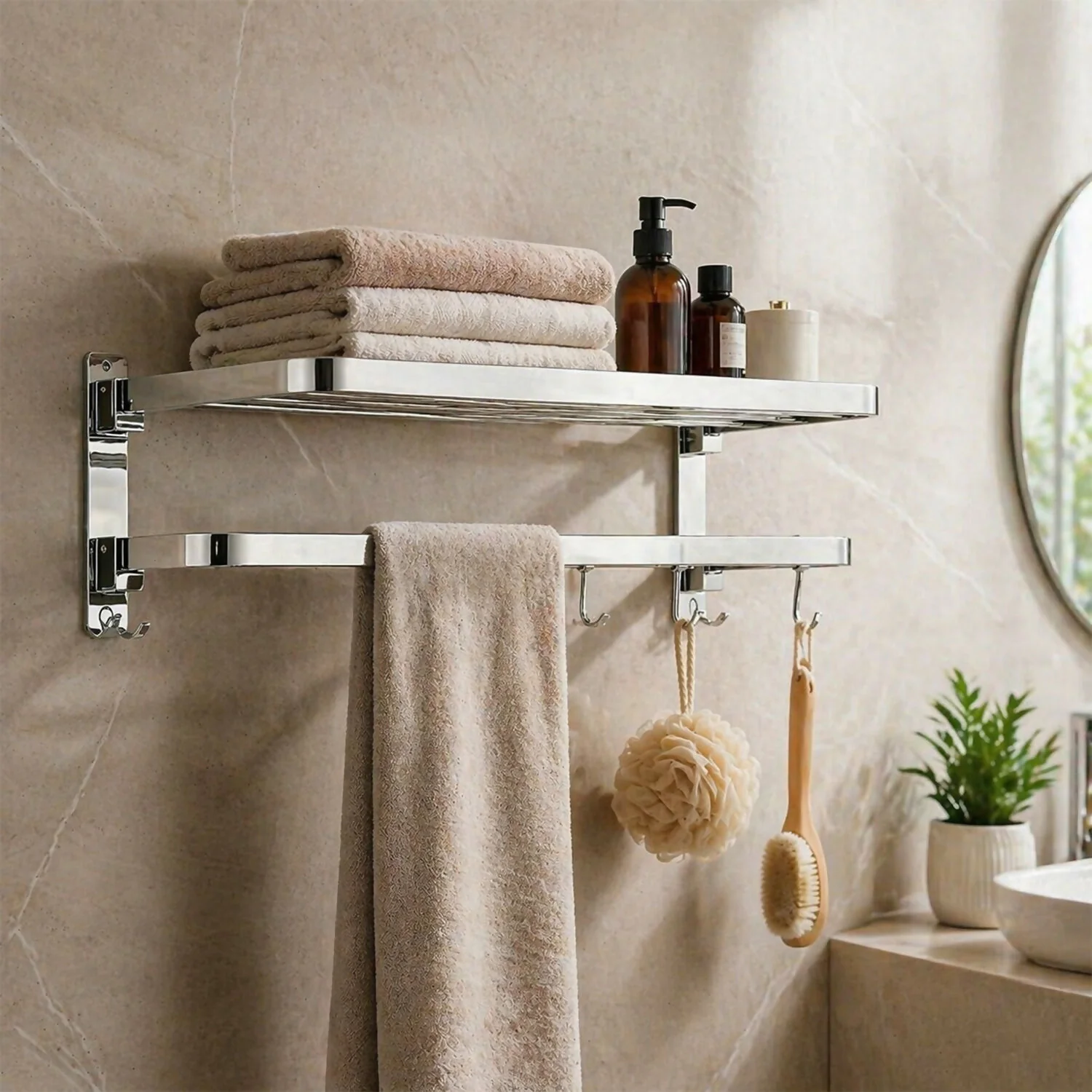 Wall Mounted Stainless Steel Bathroom Towel Rack with Shelf & Multi Hooks - Image 5