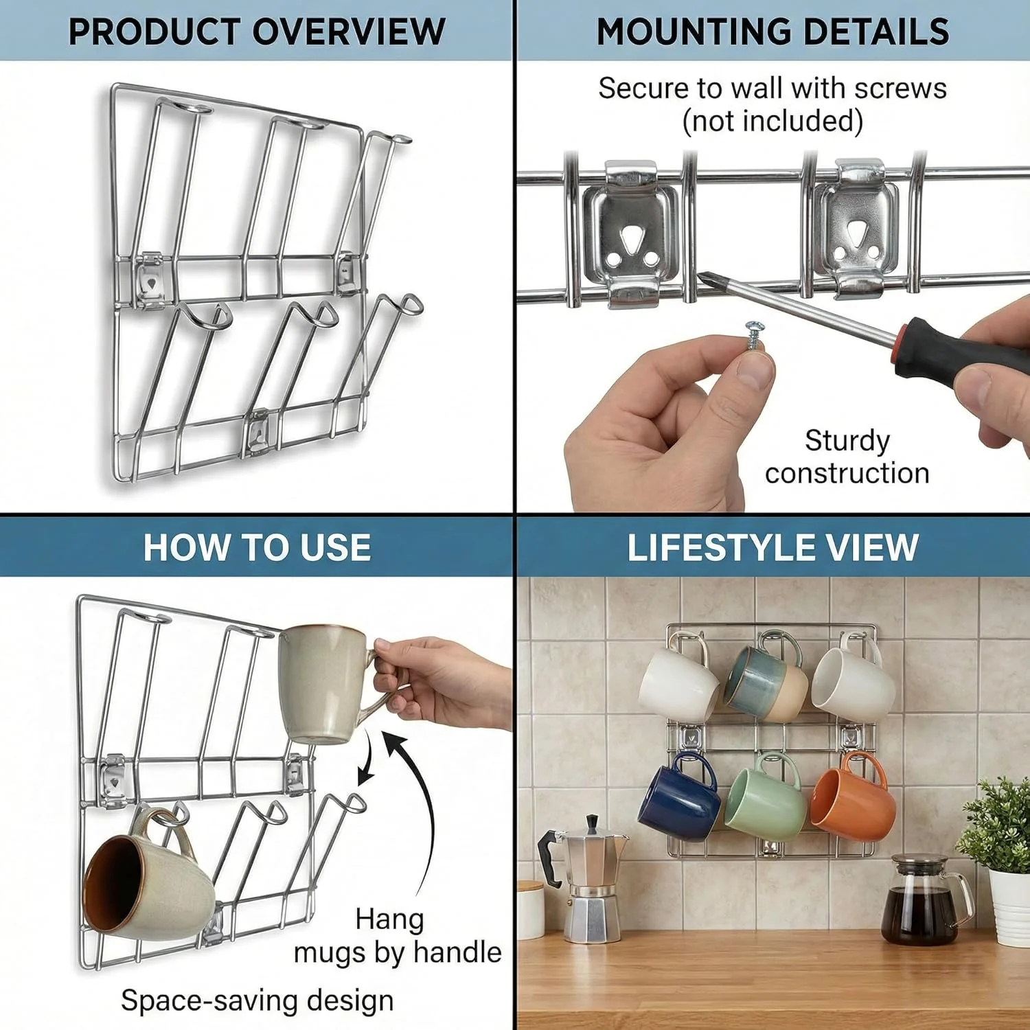 Wall-Mounted Stainless-Steel Cup & Mug Holder Rack (25 x 25 cm, 1 Pc) - Image 8