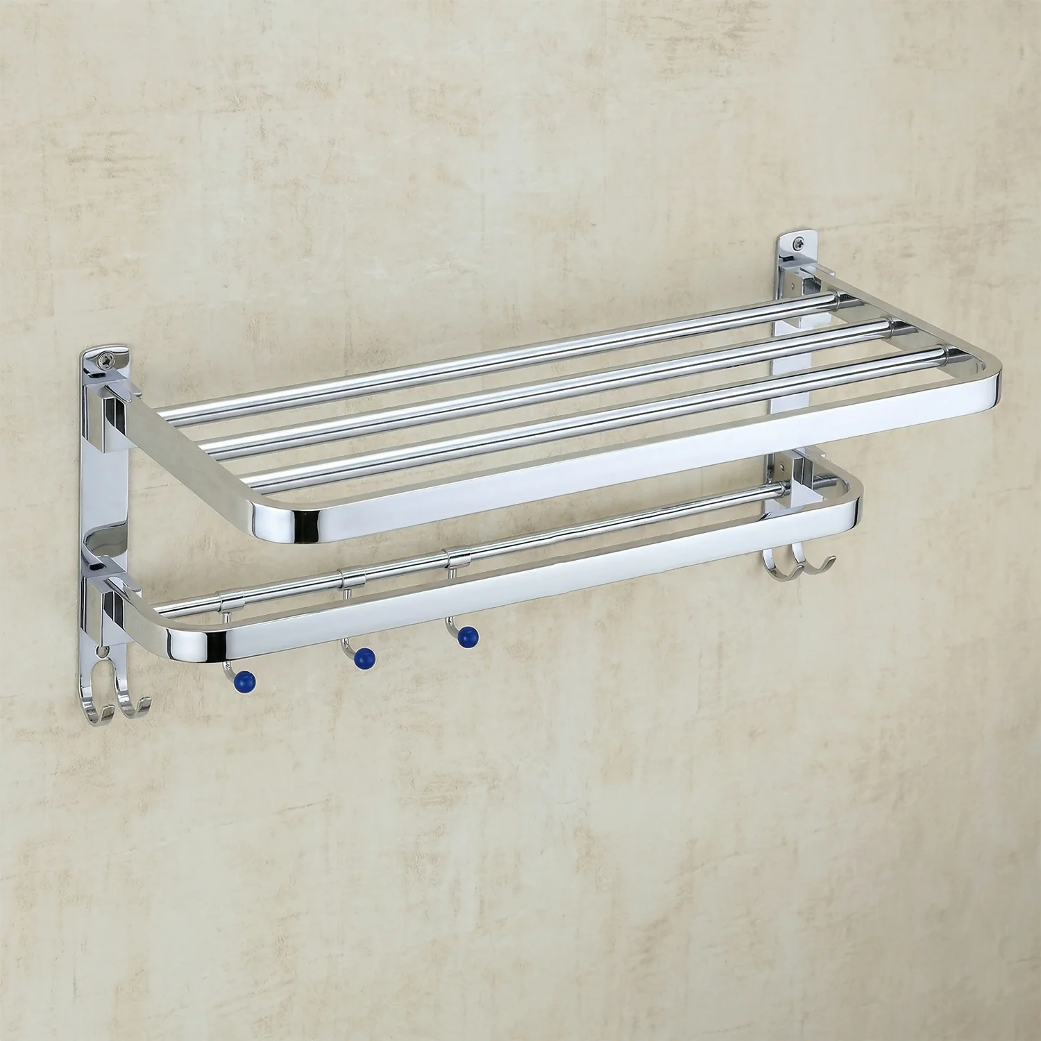 Wall Mounted Stainless Steel Towel Rack with Hooks Bathroom Storage Shelf - Image 3