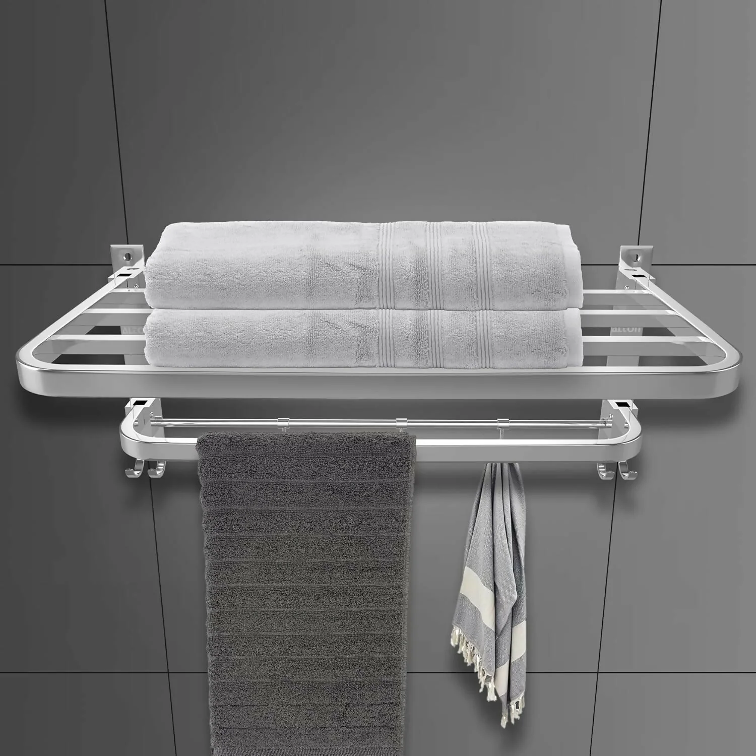Wall Mounted Stainless Steel Towel Rack with Hooks Bathroom Storage Shelf - Image 4
