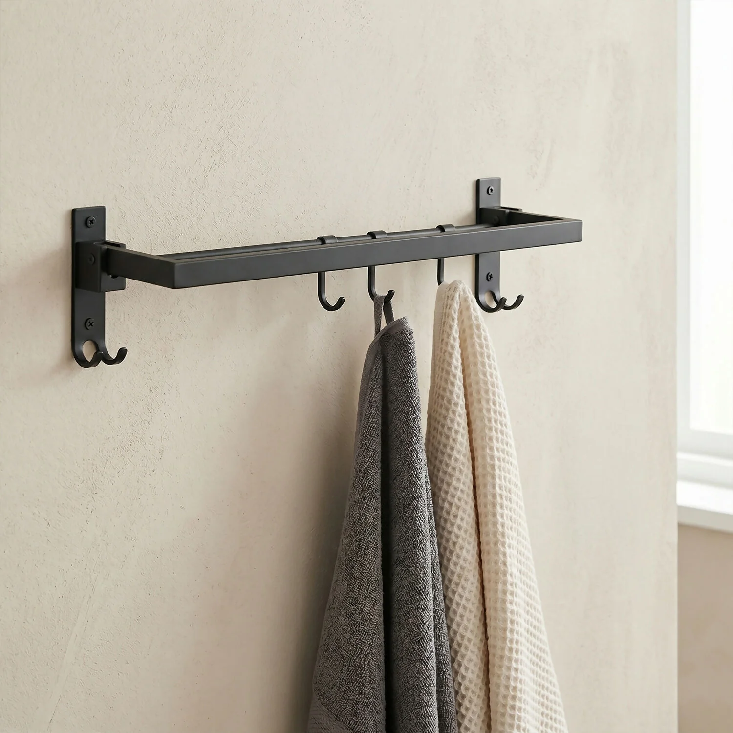 Wall Mounted Stainless Steel Towel Rod with Hooks Space Saving Bathroom Organizer - Image 2