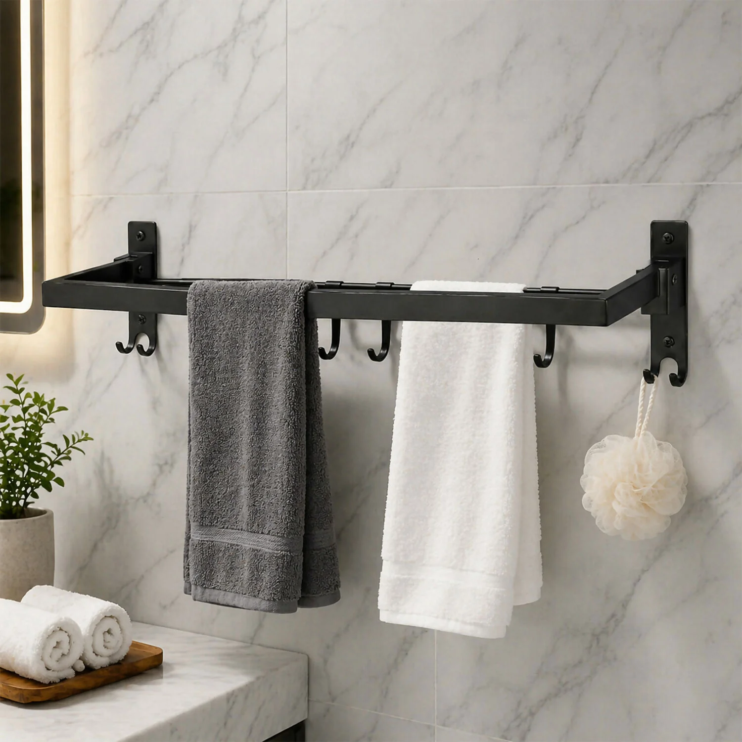 Wall Mounted Stainless Steel Towel Rod with Hooks Space Saving Bathroom Organizer - Image 3