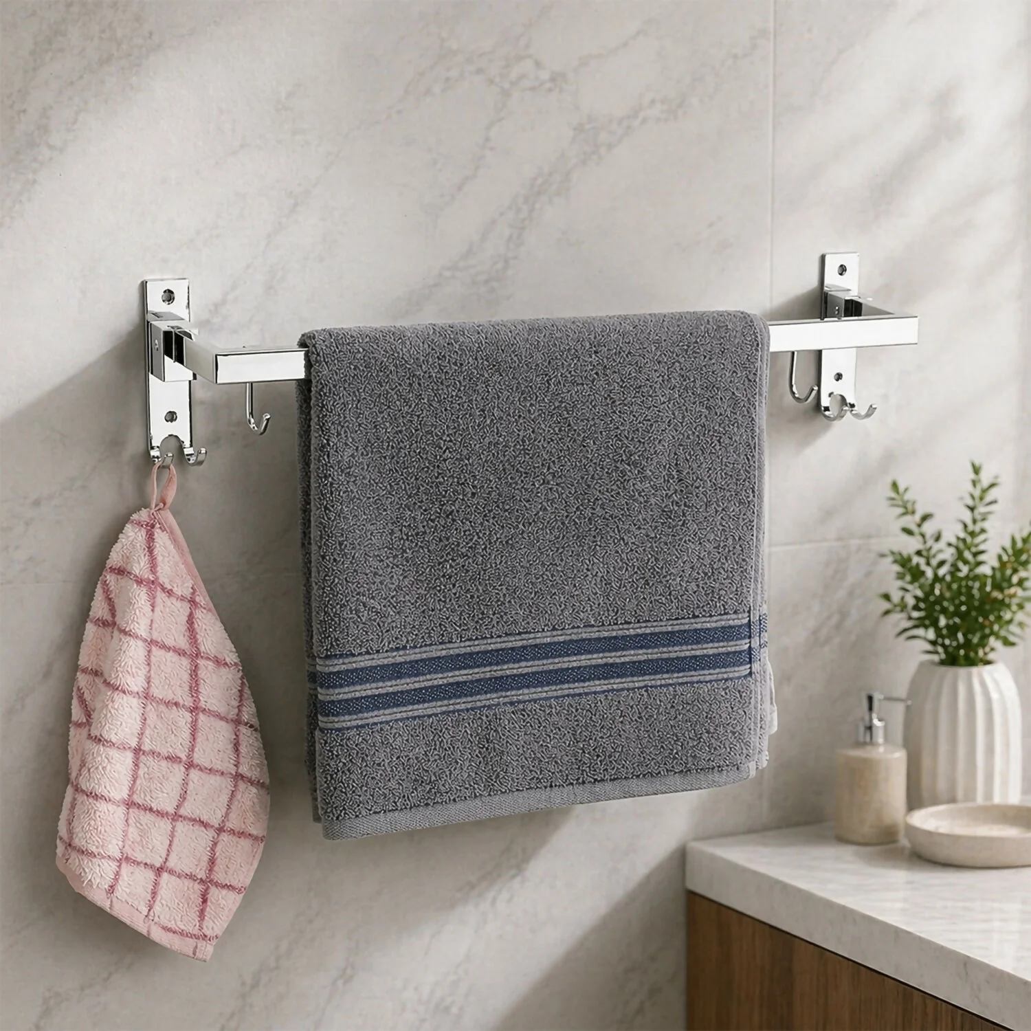 Wall Mounted Stainless Steel Towel Rod with Hooks Space Saving Bathroom Organizer - Image 4