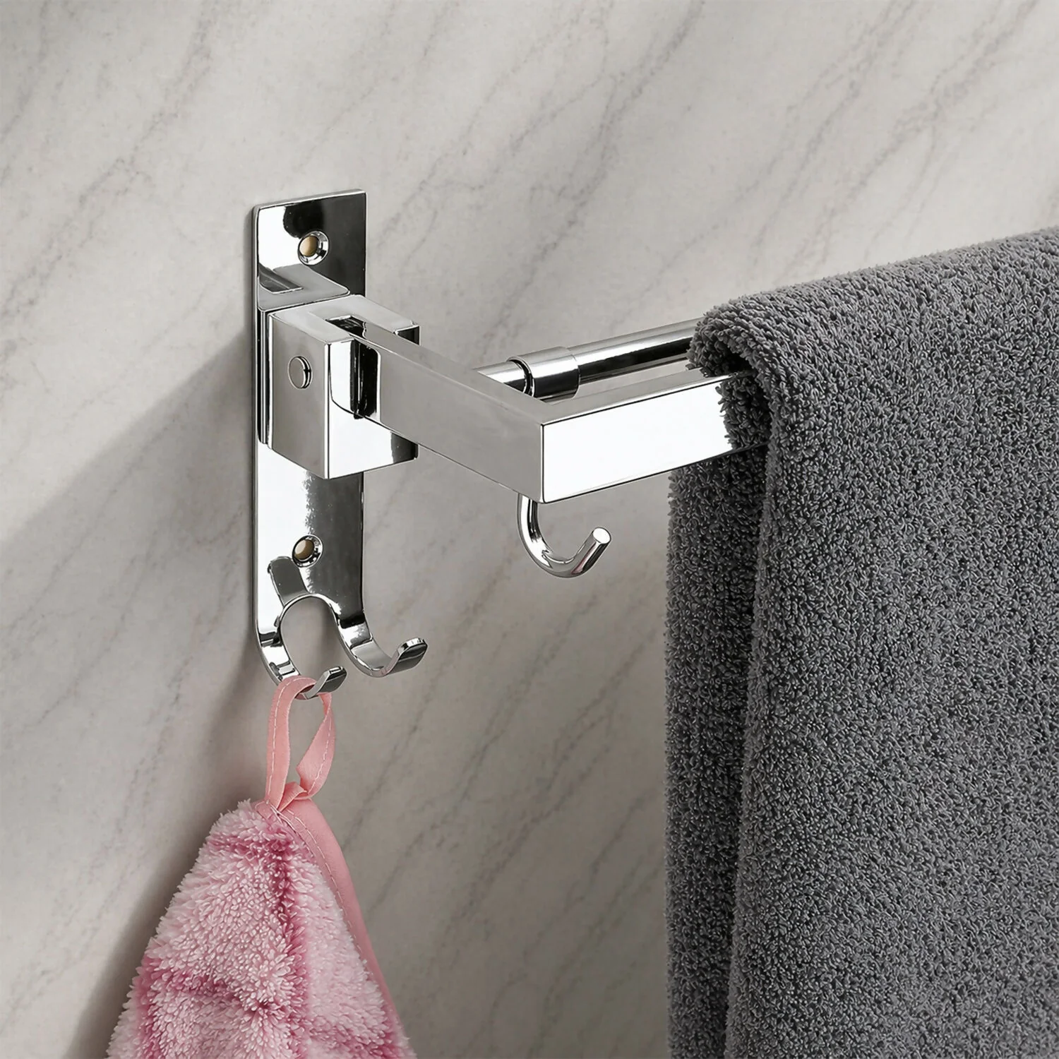 Wall Mounted Stainless Steel Towel Rod with Hooks Space Saving Bathroom Organizer - Image 6