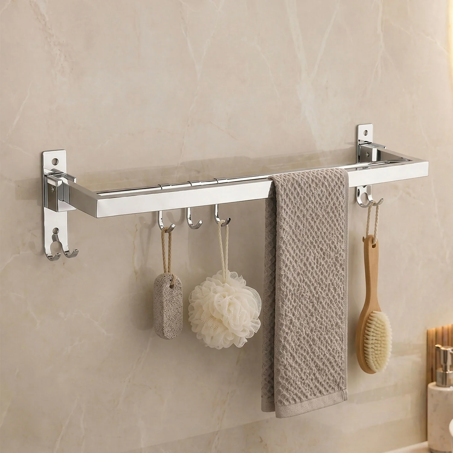 Wall Mounted Stainless Steel Towel Rod with Hooks Space Saving Bathroom Organizer - Image 7