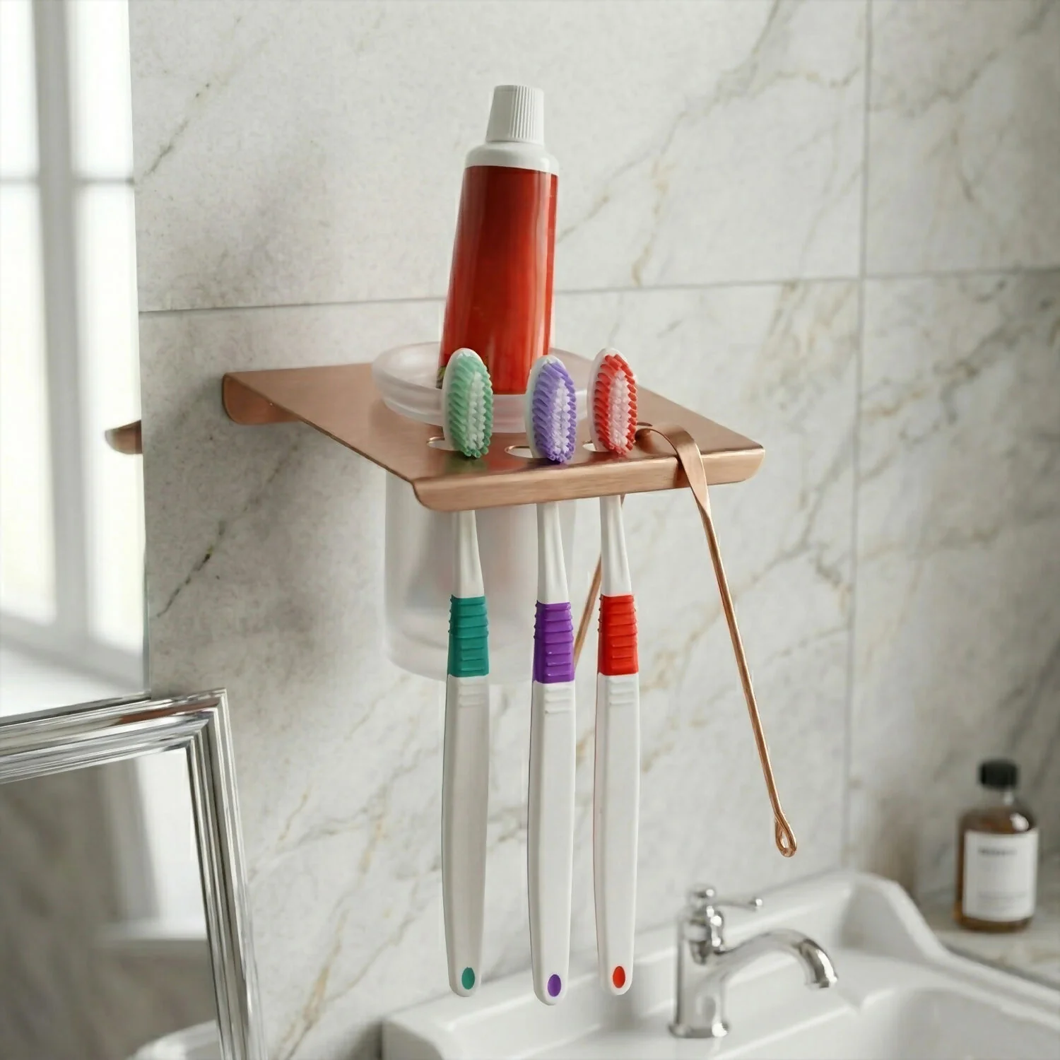 Wall Mounted Toothbrush Holder with Tumbler & Multi Slot Stand Bathroom Organizer - Image 2