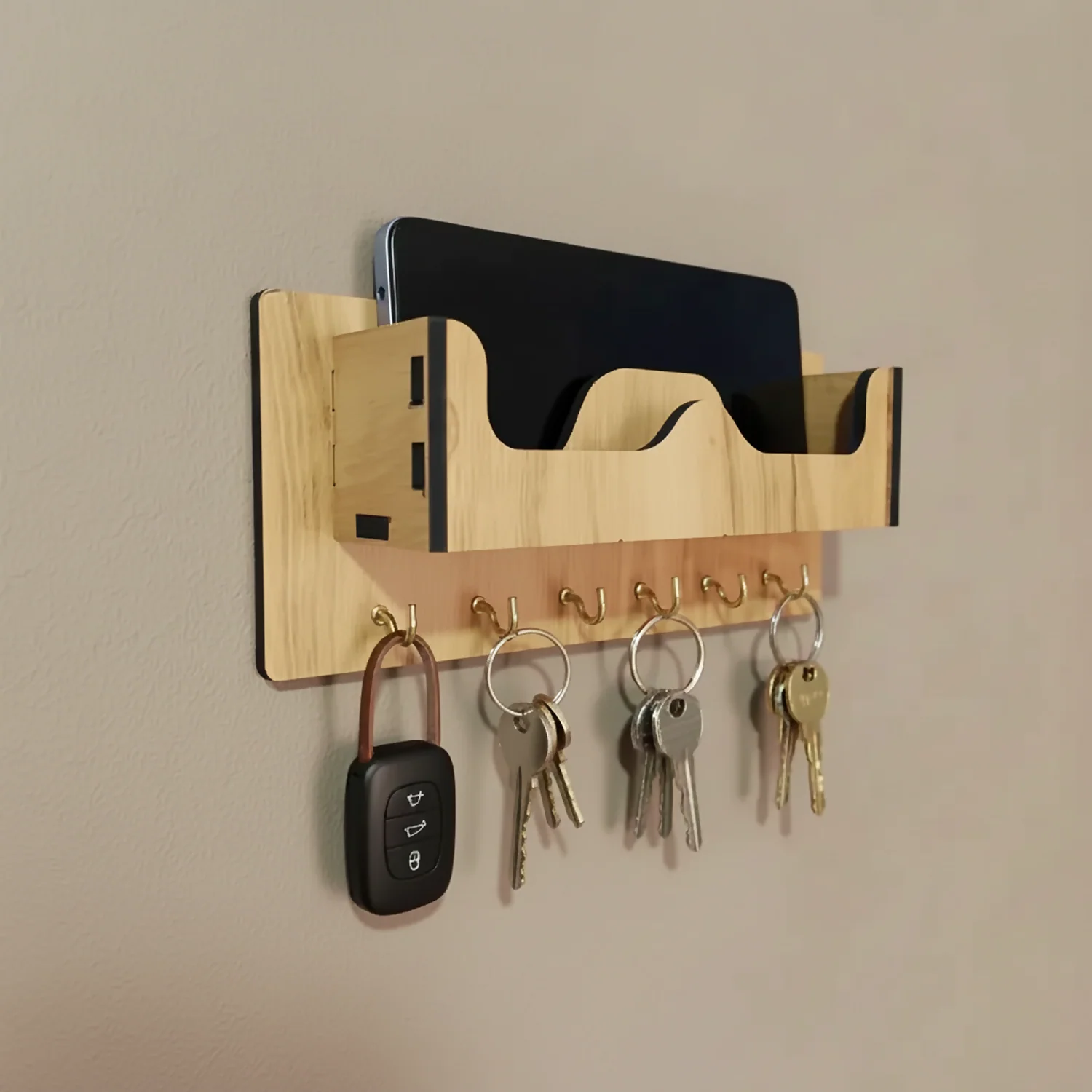 Wooden Wall Mounted Key Holder with Shelf for Mobile, Glasses and Daily Items - Image 2
