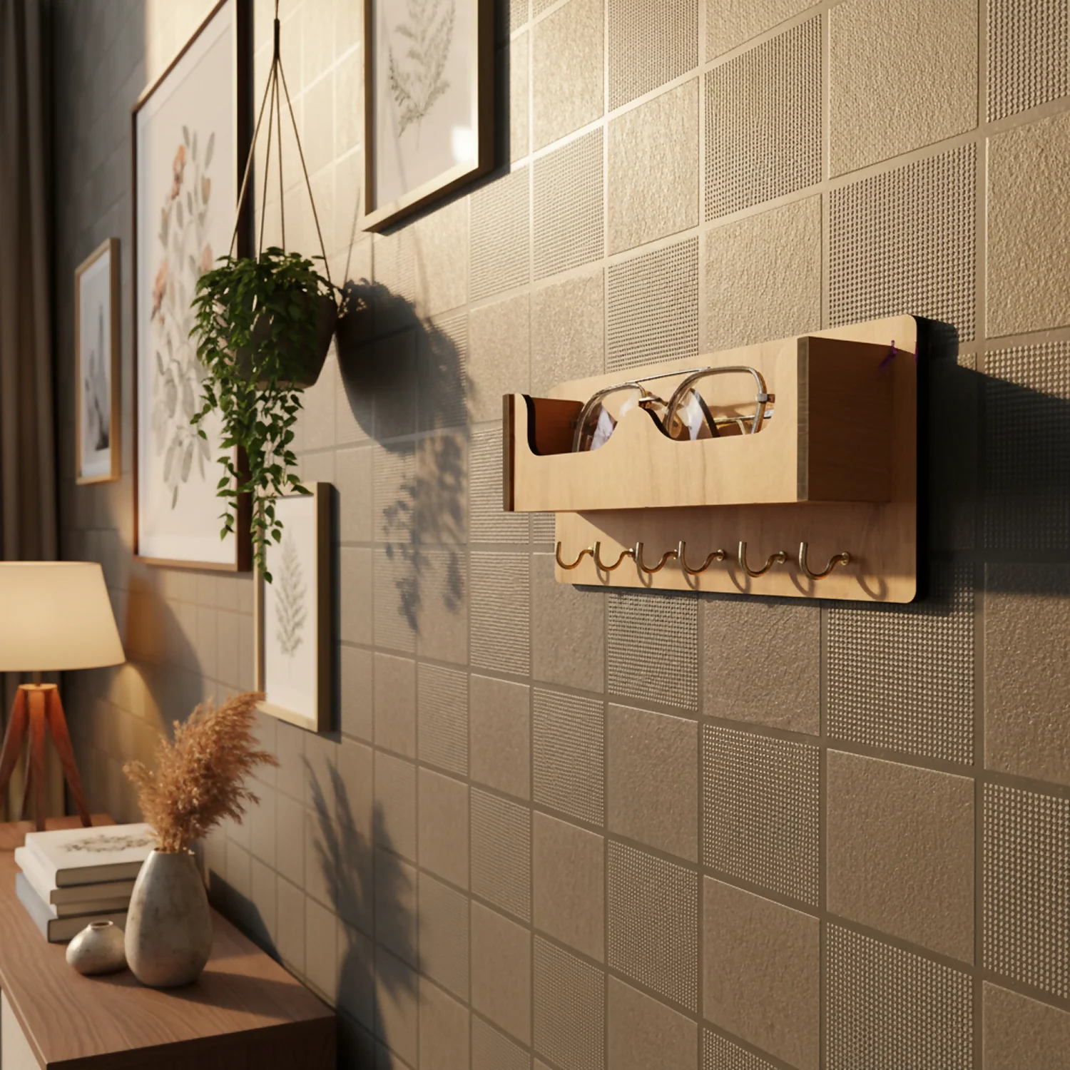 Wooden Wall Mounted Key Holder with Shelf for Mobile, Glasses and Daily Items - Image 3