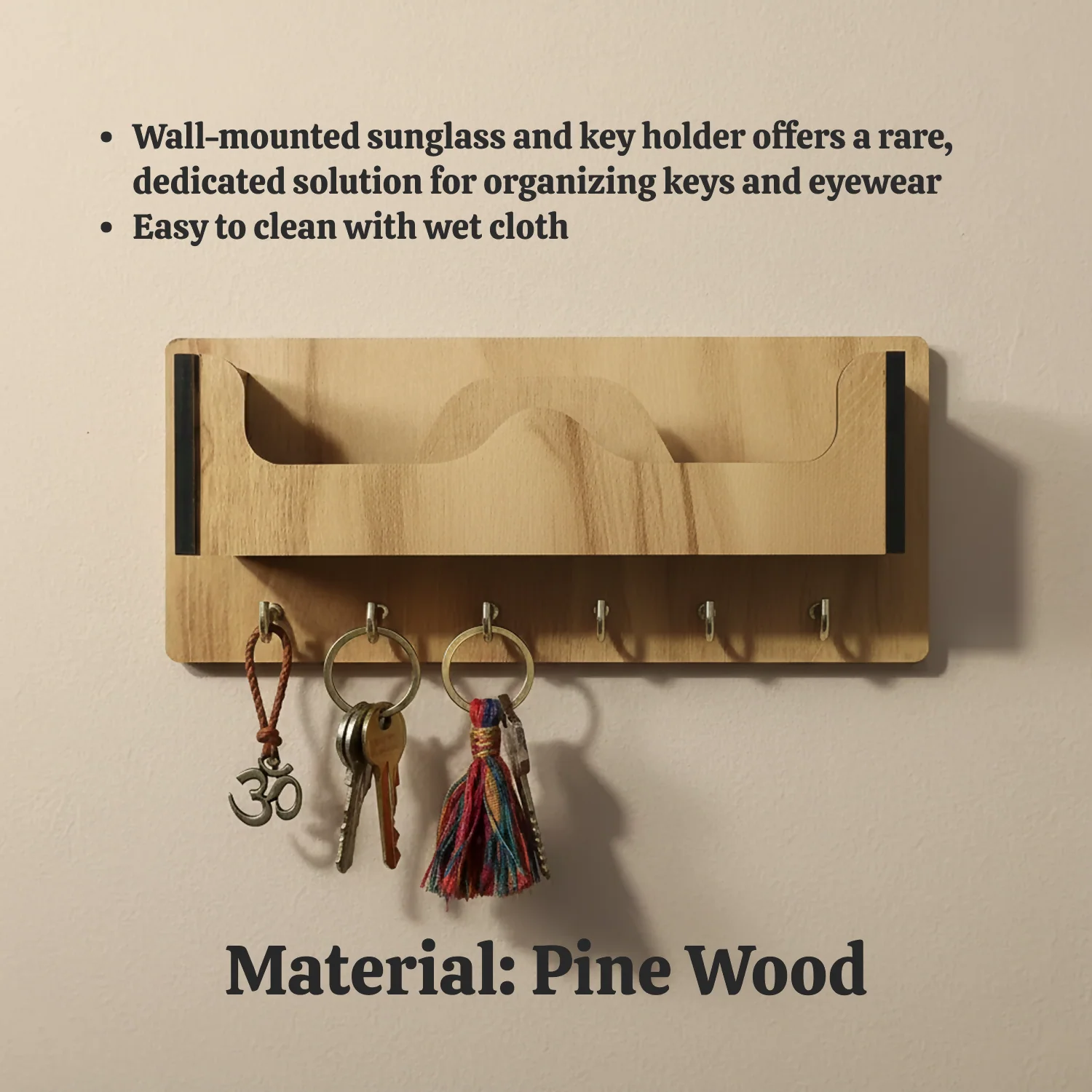 Wooden Wall Mounted Key Holder with Shelf for Mobile, Glasses and Daily Items - Image 4